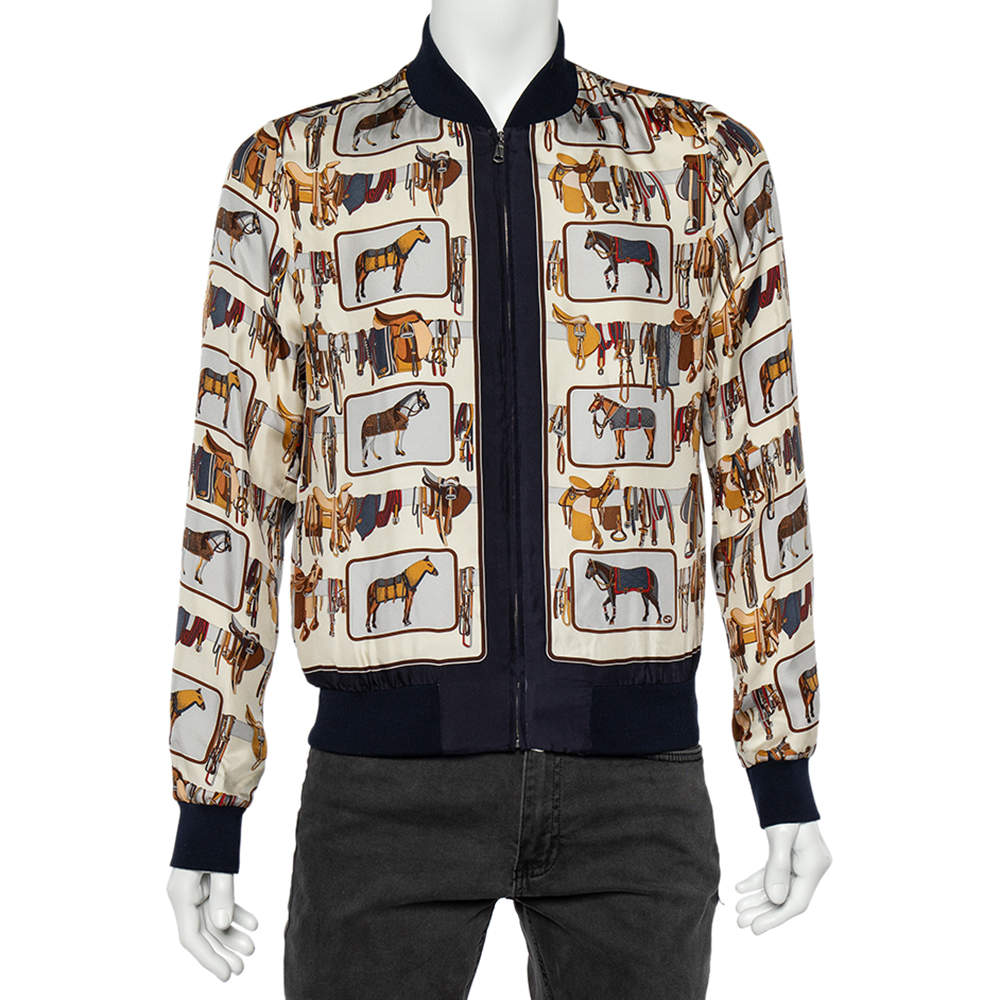 Gucci Ivory Horse Frame Print Silk Bomber Jacket XS