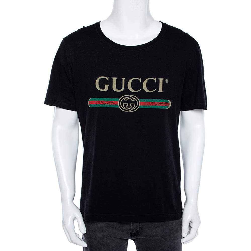 Pre Owned Gucci Black Logo Printed Cotton Short Sleeve T-Shirt M