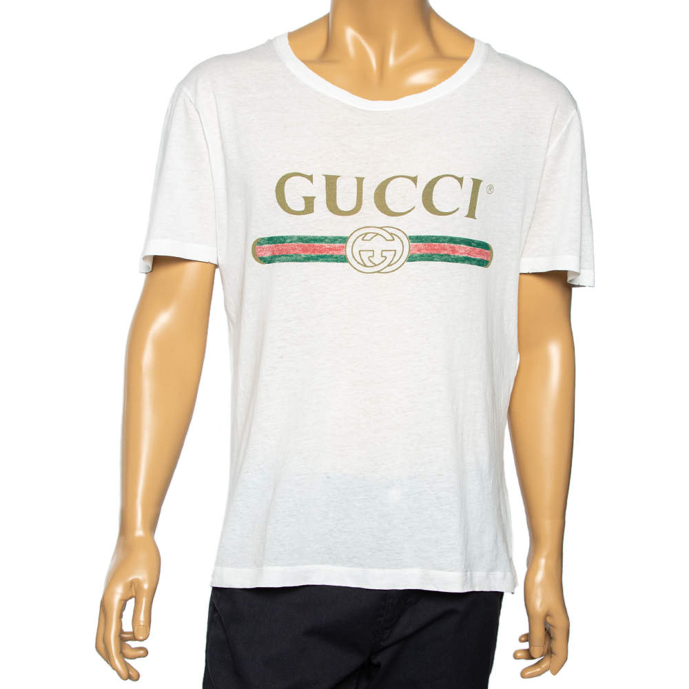 Pre Owned Gucci White Logo Printed Cotton Distressed Short Sleeve T-Shirt S