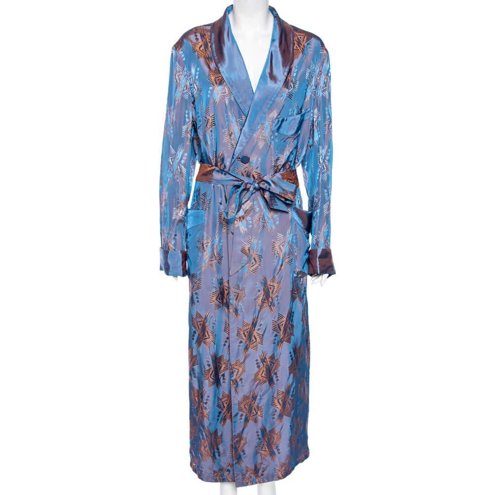 مملوكة مسبقًا Gucci Blue & Orange Two Toned Jacquard Belted Robe L