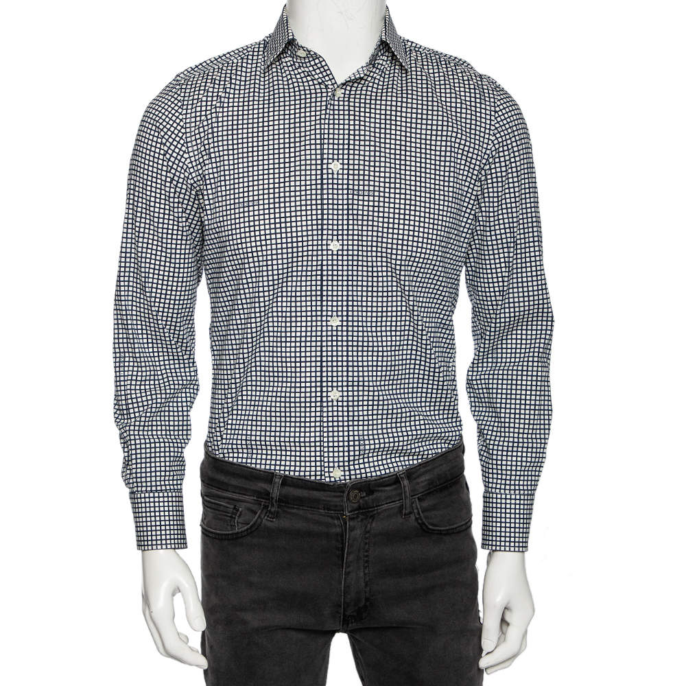 Gucci Blue Logo Checked Cotton Slim Fit Shirt S