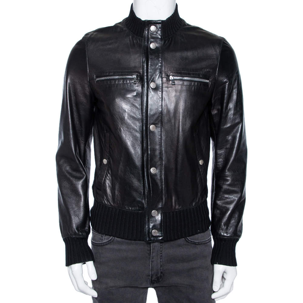 Gucci Black Leather & Rib Knit Trimmed Button Front Jacket S