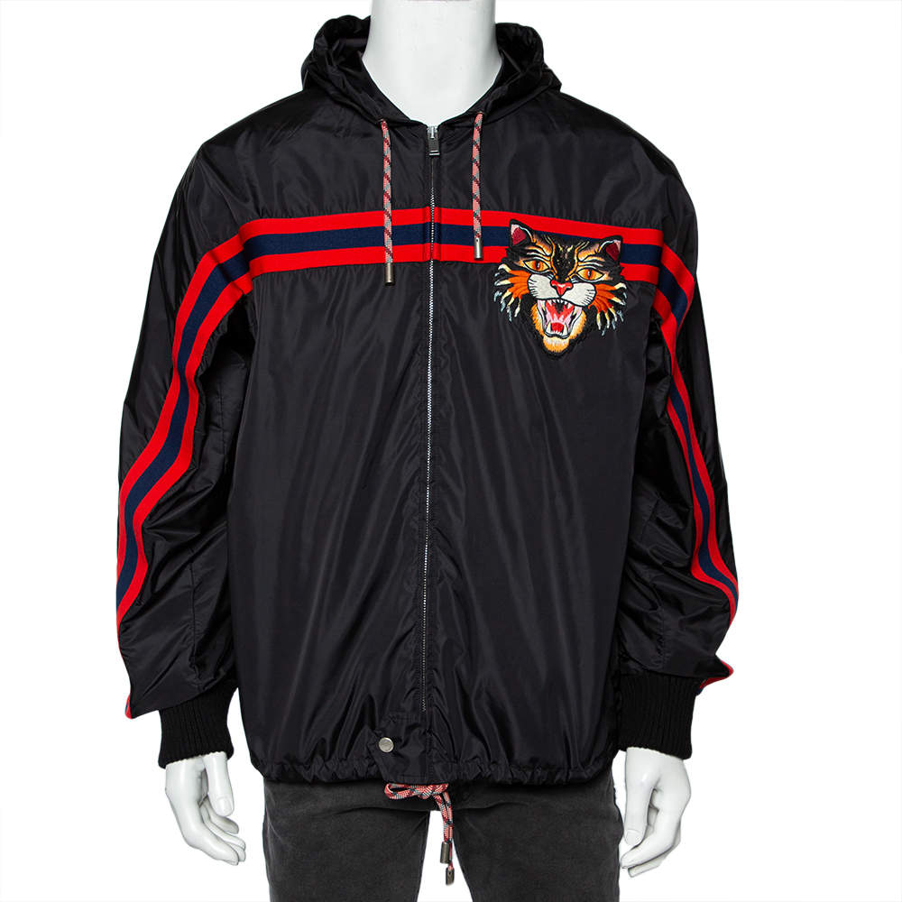 Gucci Black Synthetic Feline Detailed Web Stripe Trimmed Jacket XL