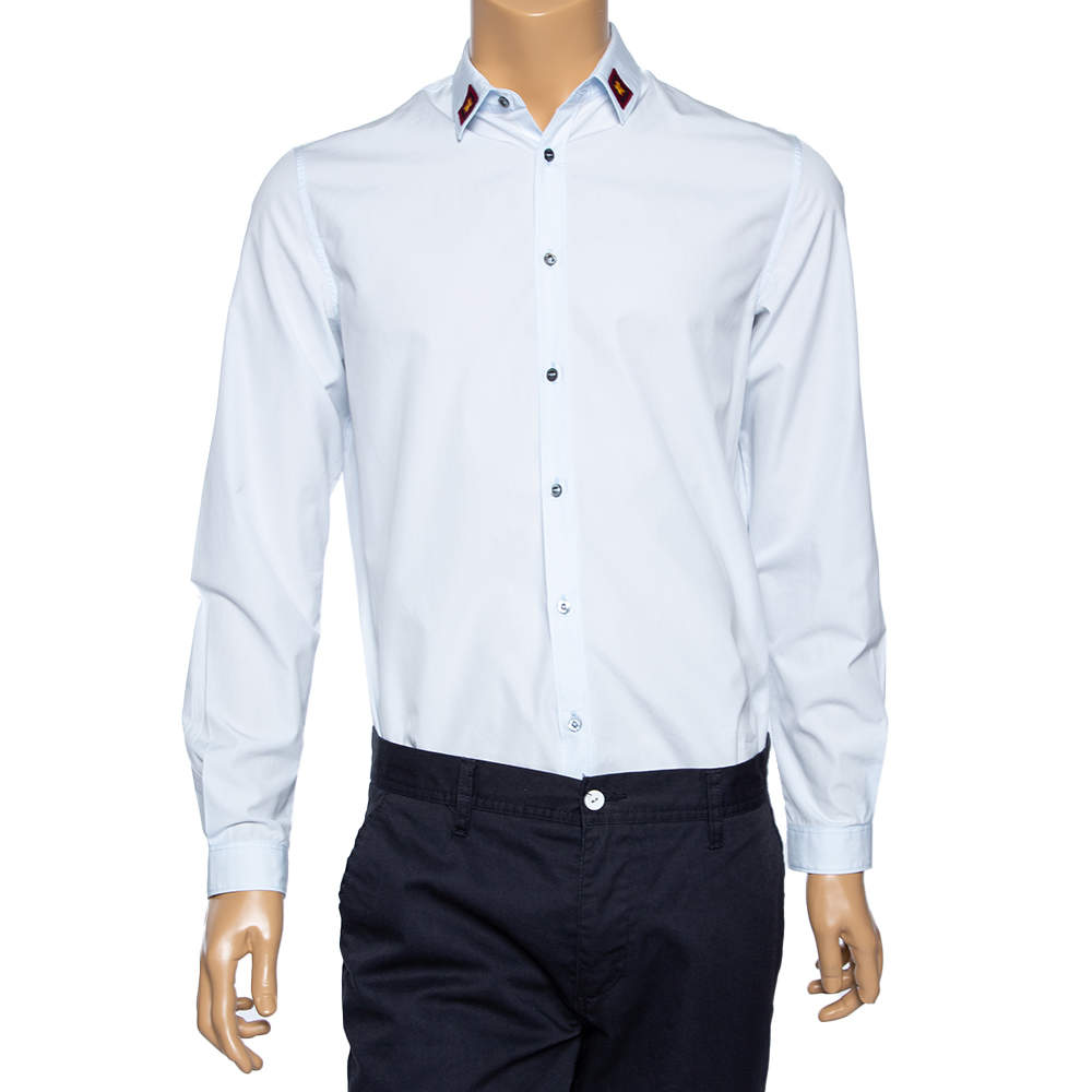 Gucci Light Blue Cotton Bee Applique Collar Detail Shirt M