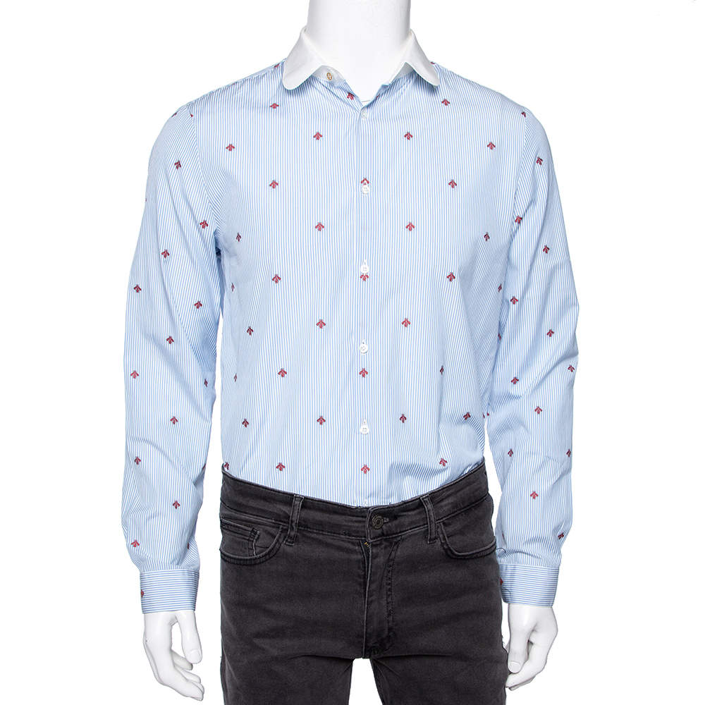 Pre Owned Gucci Blue Striped Bee Embroidered Cotton Cambridge Button Front Shirt M