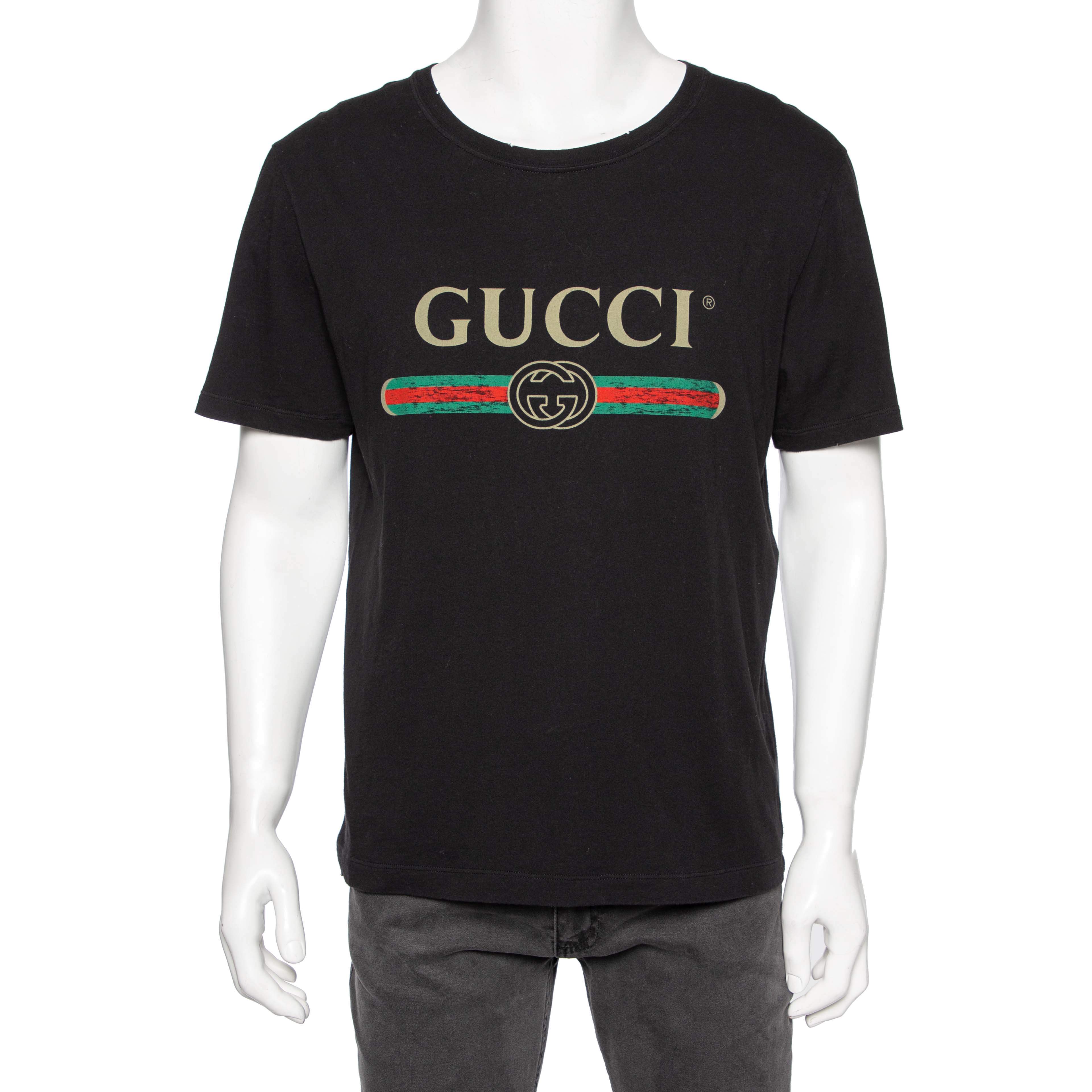 Gucci Black Logo Print Washed Cotton Distressed Effect T-Shirt M Gucci ...