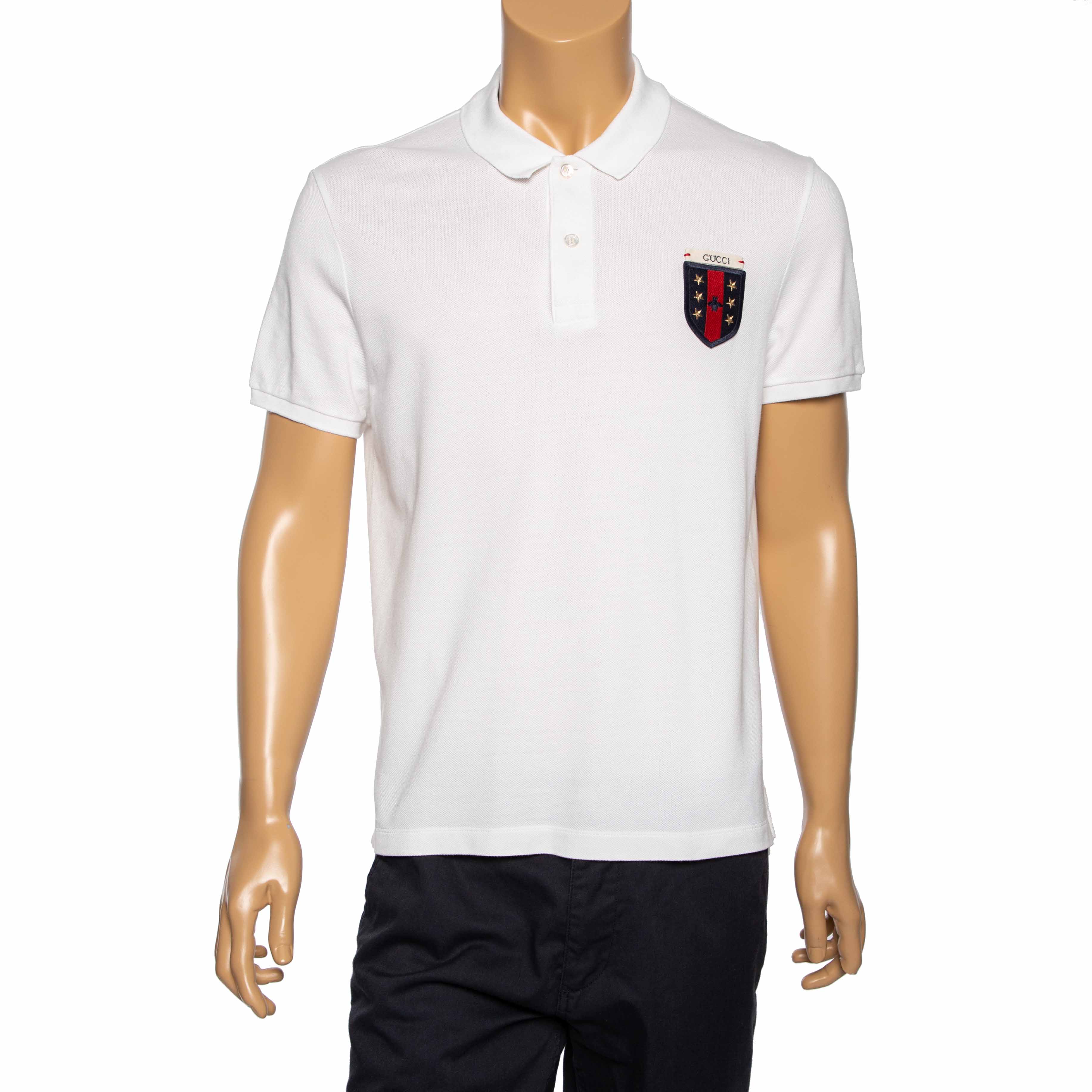 Gucci White Cotton Pique Logo Patch Detail Polo T-Shirt L