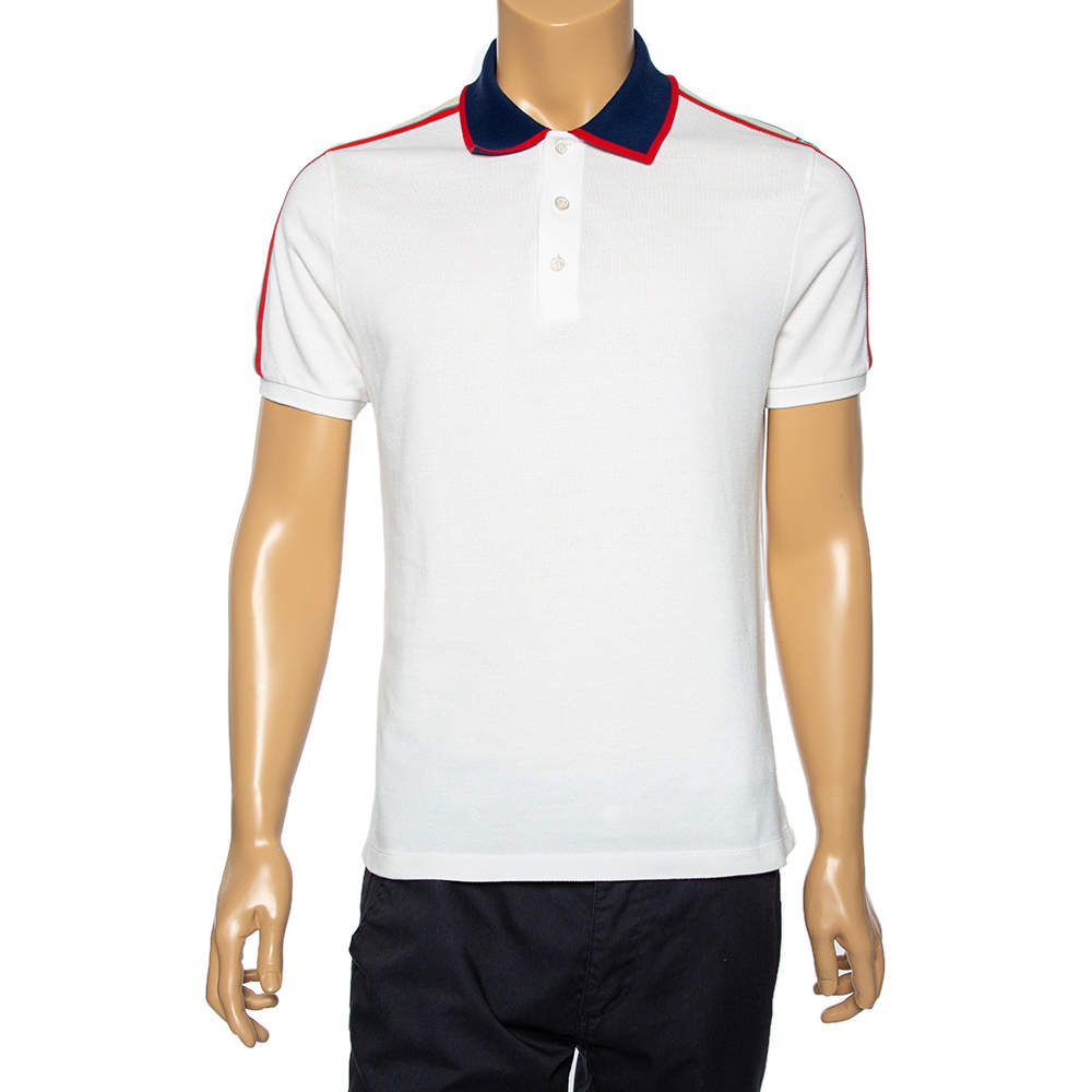Gucci White Cotton Pique Contrast Collar Logo Strip Detail Polo T-Shirt L