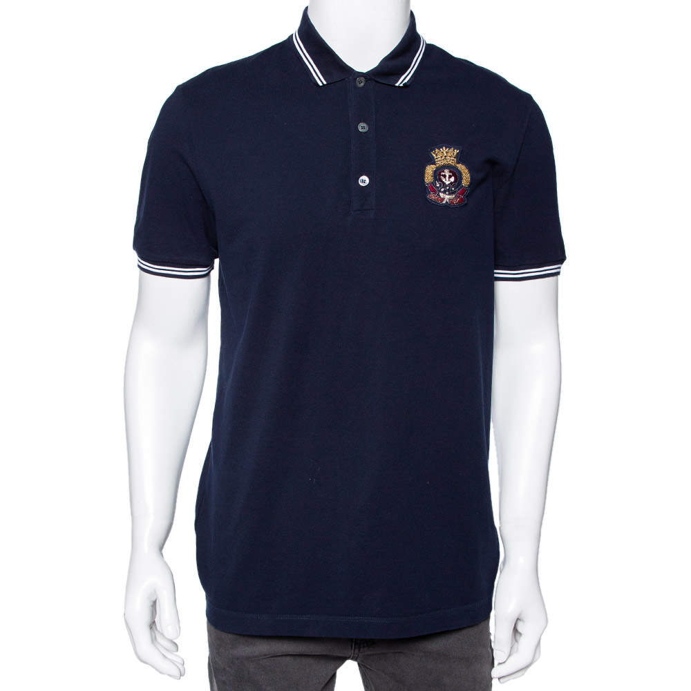 مملوكة مسبقًا Gucci Navy Blue Cotton Pique Crest Embroidered Polo T-Shirt XL