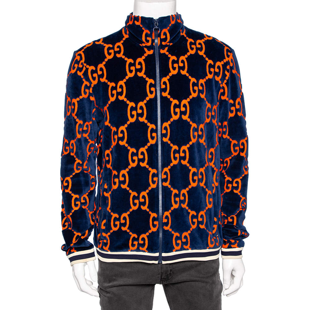 Gucci Navy Blue & Orange Monogram Chenille Zip Front Jacket L
