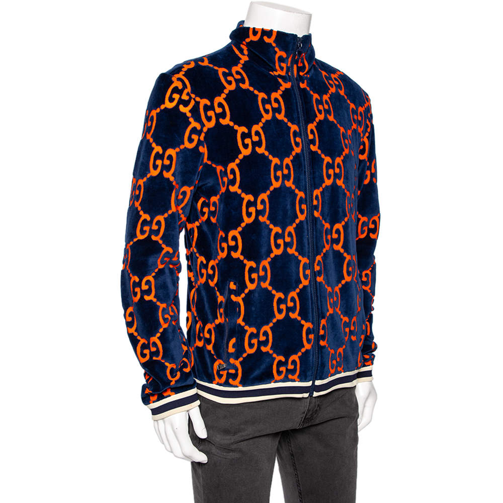 Gucci Navy Blue & Orange Monogram Chenille Zip Front Jacket L