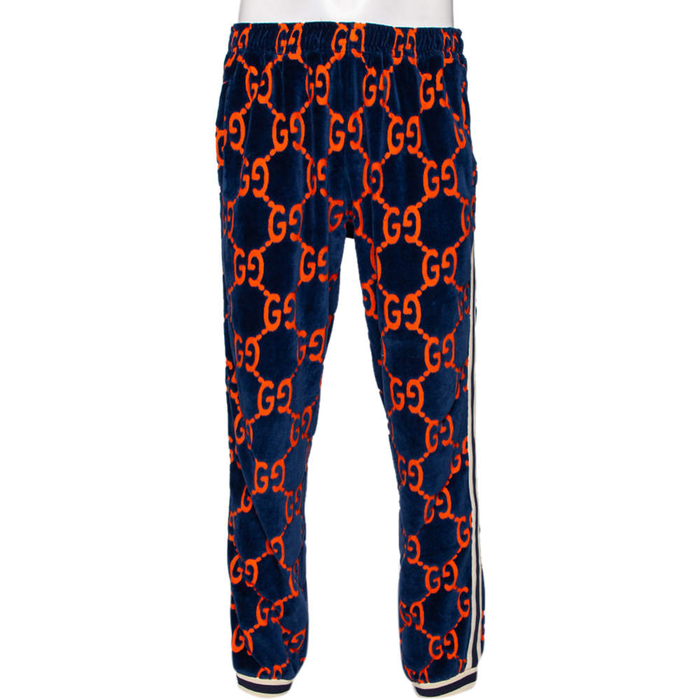 مملوكة مسبقًا Gucci Navy Blue & Orange Logo Devore Sweatpants L