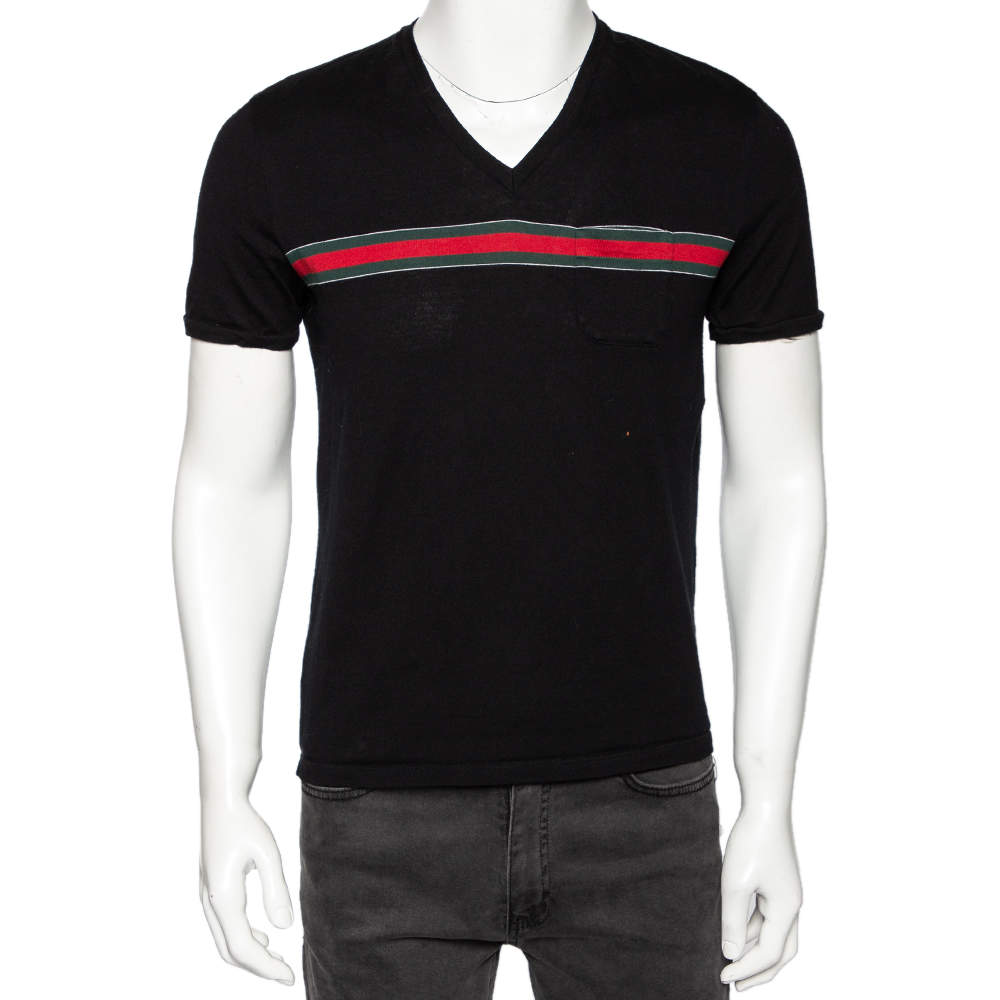 Gucci Black Cotton Knit Web Stripe Detail V-Neck t-Shirt L