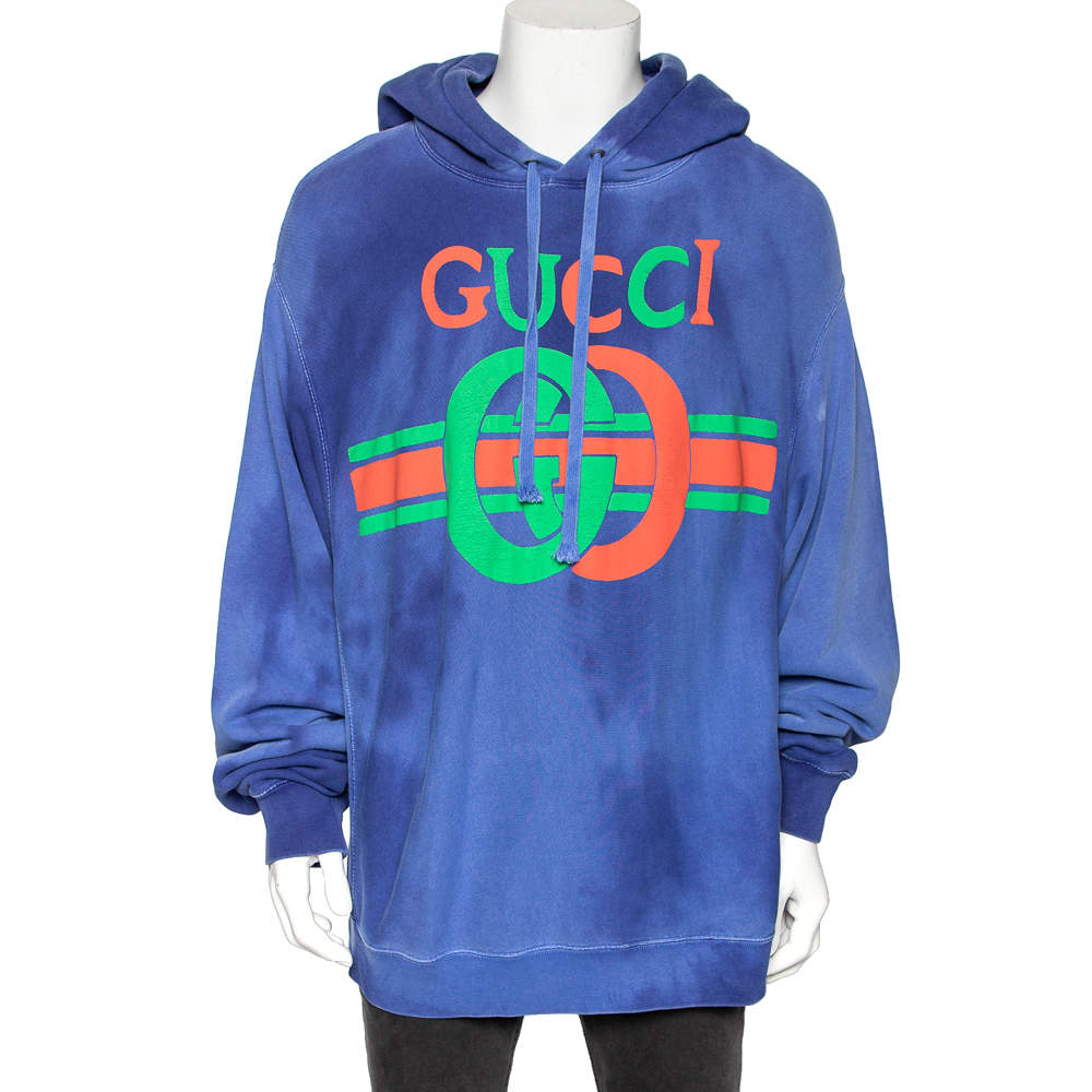Gucci Blue Washed Out Effect Cotton Knit Interlocking GG Print Hoodie ...