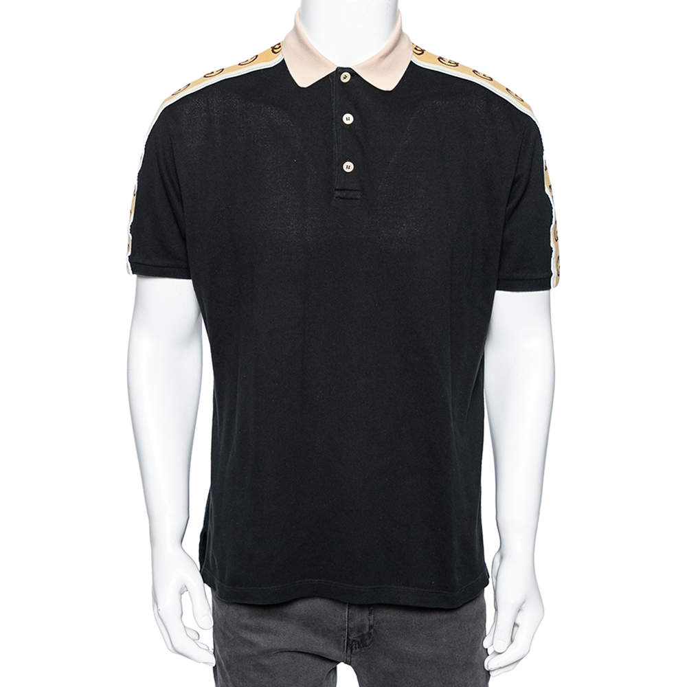 Gucci Black Cotton Pique Interlocking G Stripe Trimmed Polo T-Shirt XL