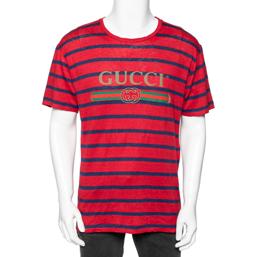 Gucci Red & Blue Striped Linen Knit Logo Printed Oversized T-Shirt XS