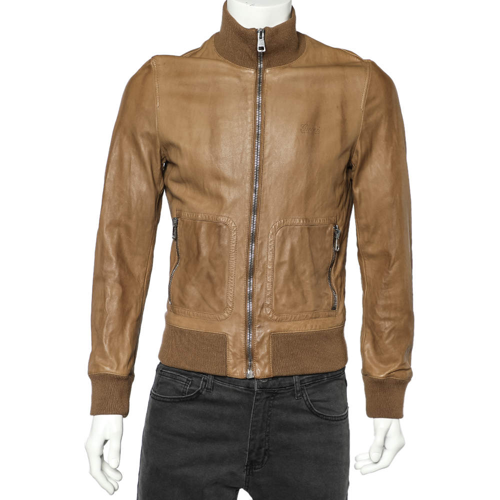 Gucci Brown Leather Zip Front Jacket L