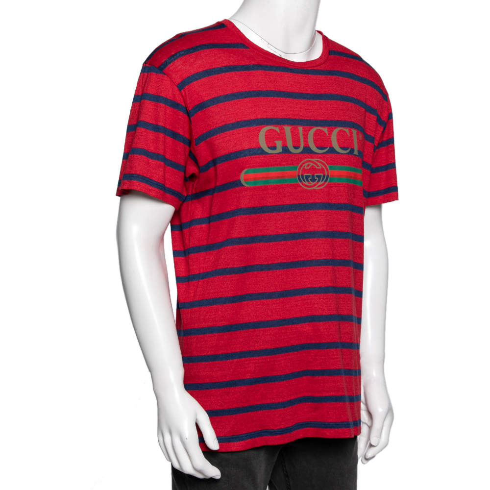 Gucci Red Blue Striped Linen Knit Logo Printed Oversized T Shirt Gucci
