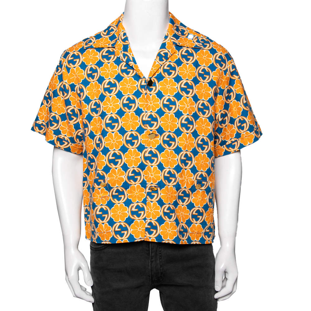 Pre Owned Gucci Blue and Orange GG Quatrefoil Printed Cotton Short Sleeve Shirt XXL