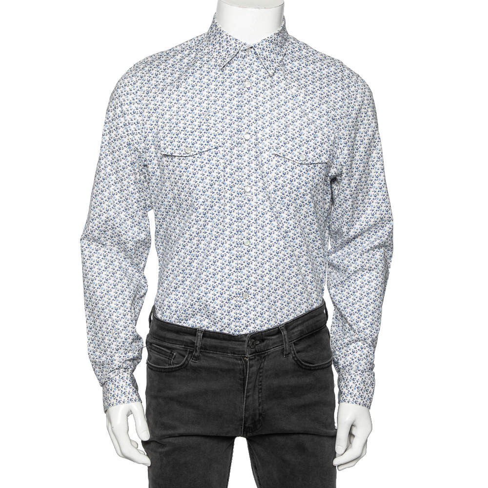 Pre Owned قميص بكم طويل غوتشي طباعة موردة أبيض مقاس كبير - لارج