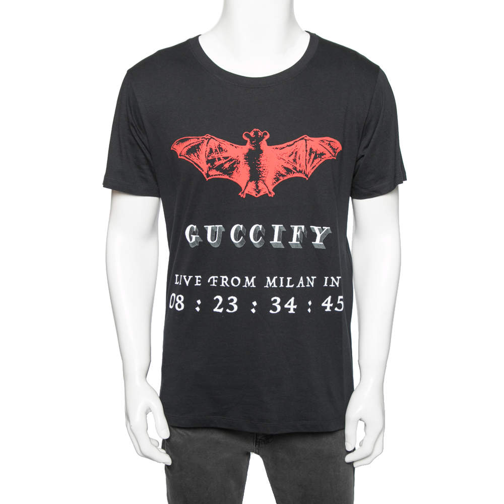 Pre Owned Gucci Black Cotton Bat Invite Printed Short Sleeve T-Shirt S