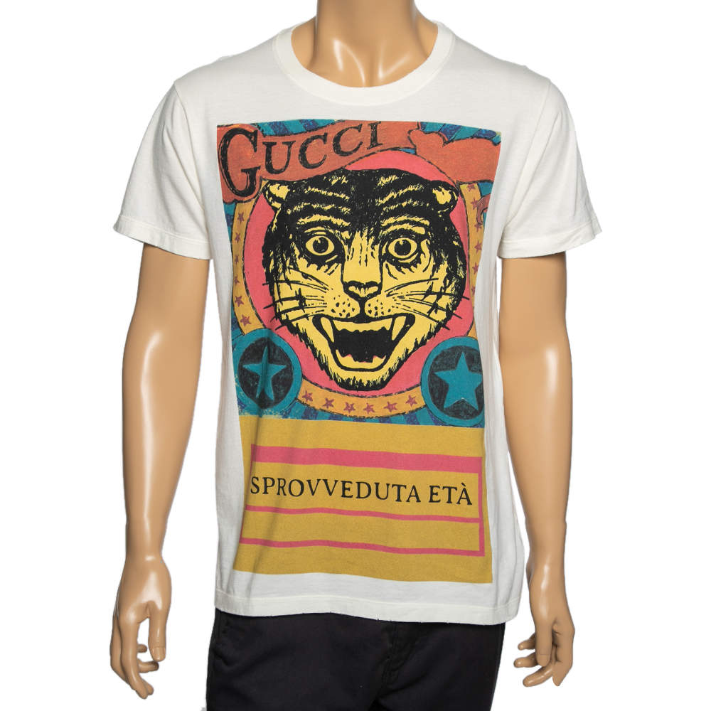 Pre Owned Gucci Off White Cotton Tiger Sprovveduta Età Printed Short Sleeve T-Shirt S