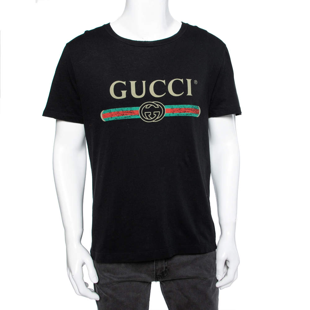 Pre Owned Gucci Black Cotton Logo Printed Crewneck T-Shirt S