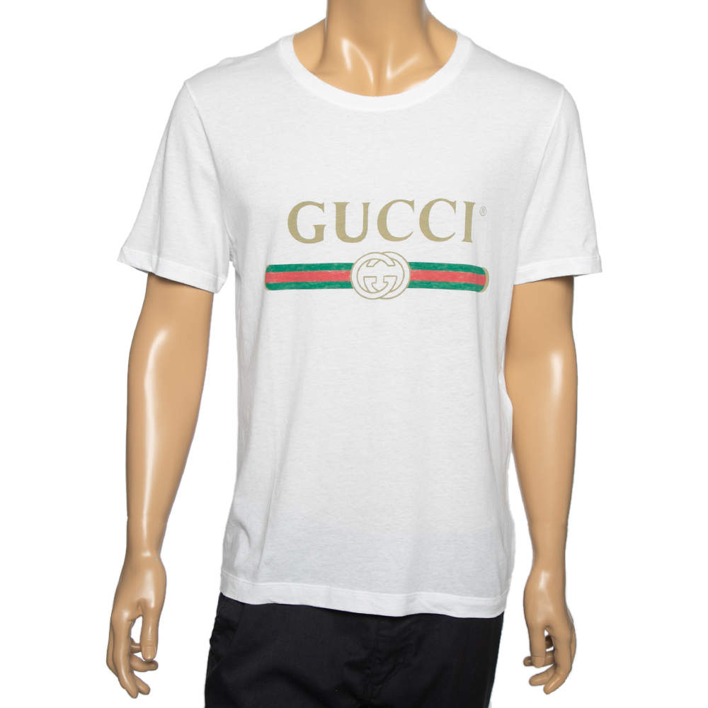 Pre Owned تي شيرت غوتشي قطن أبيض طباعة شعار الماركة برقبة عريضة مقاس صغير ( سمول )
