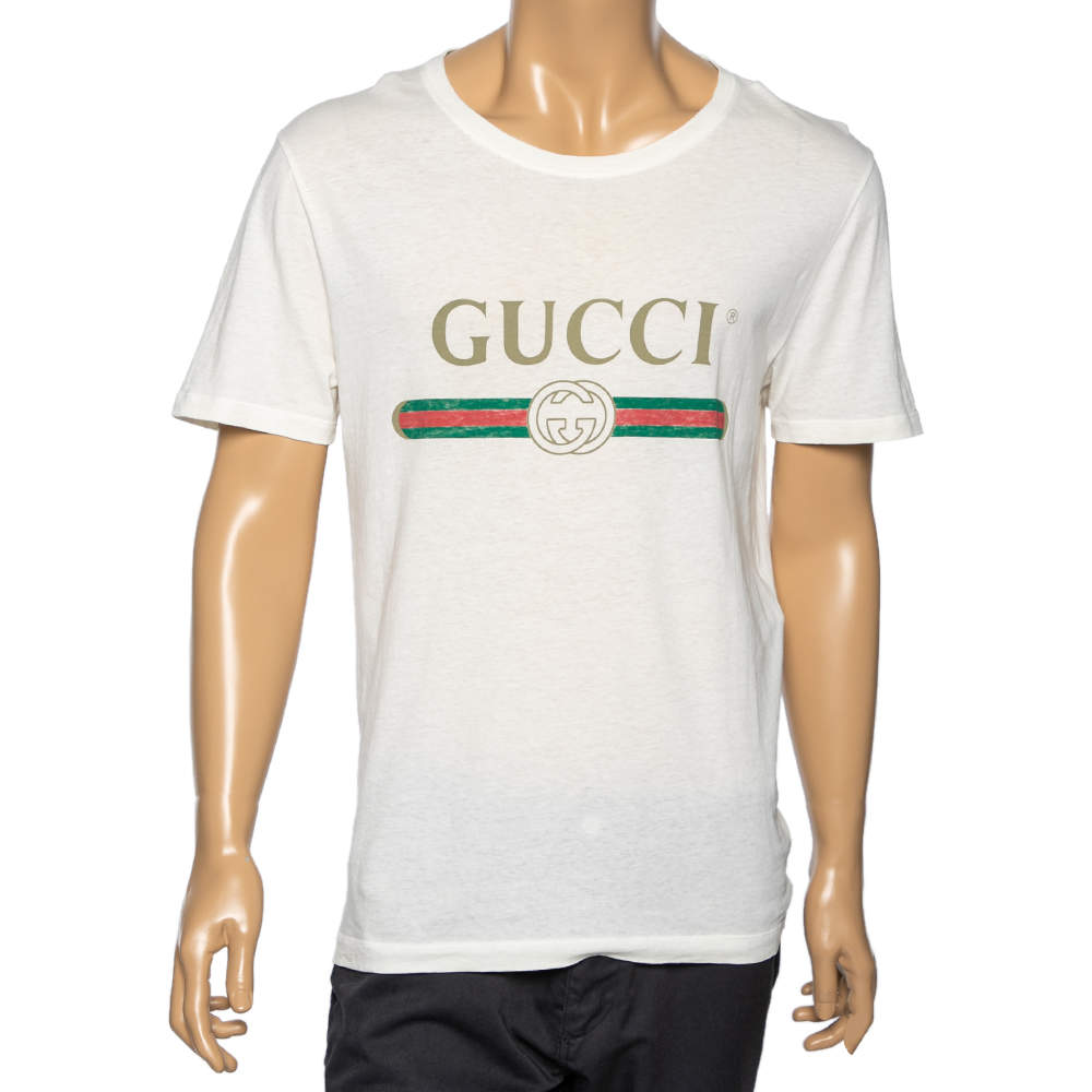 Pre Owned Gucci Cream Cotton Logo Printed Crew Neck T-Shirt S