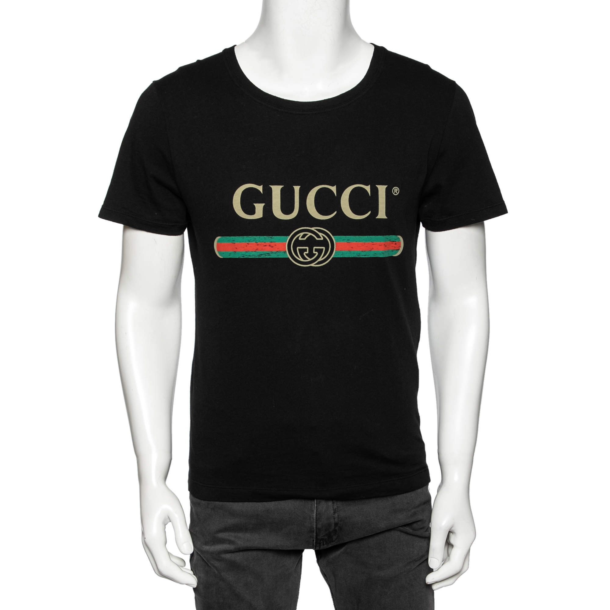 Pre Owned Gucci Black Cotton Logo Printed Crew Neck T-Shirt XS
