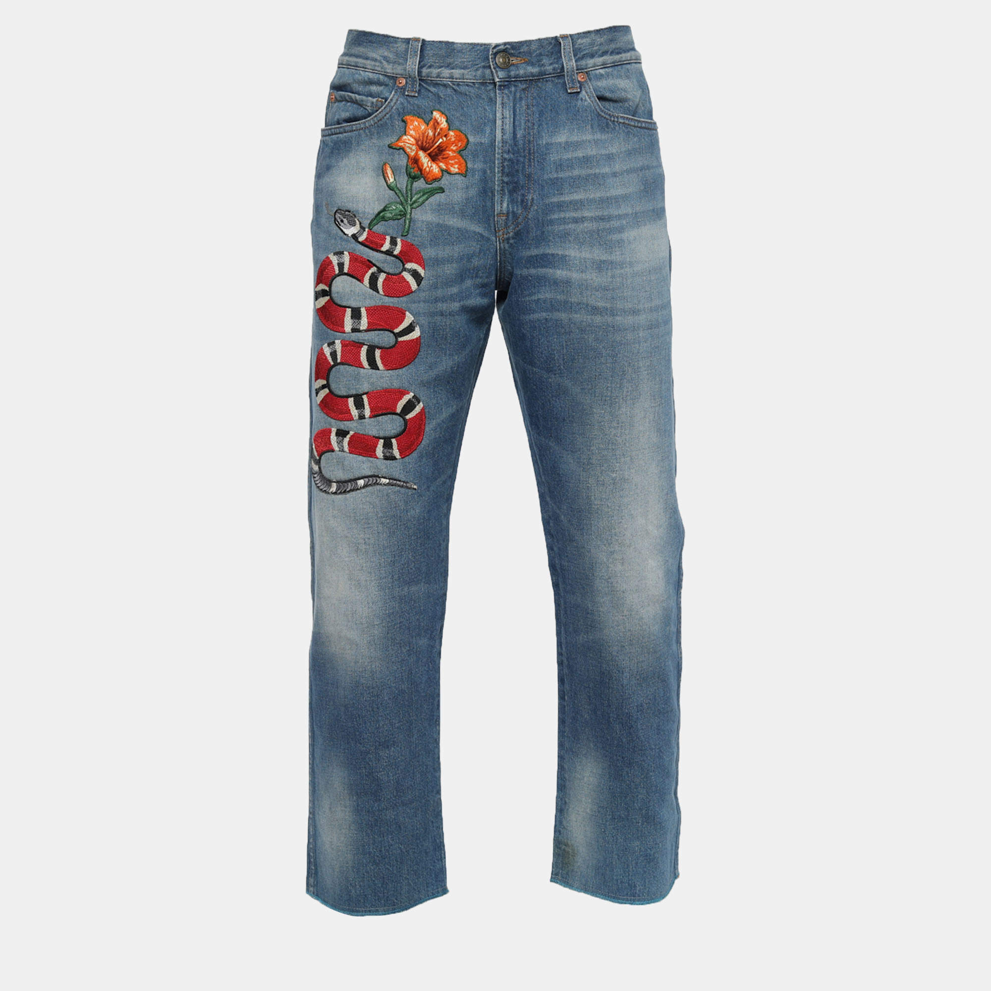 Pre Owned Gucci Indigo Light Wash Denim Kingsnake Embroidered Jeans M