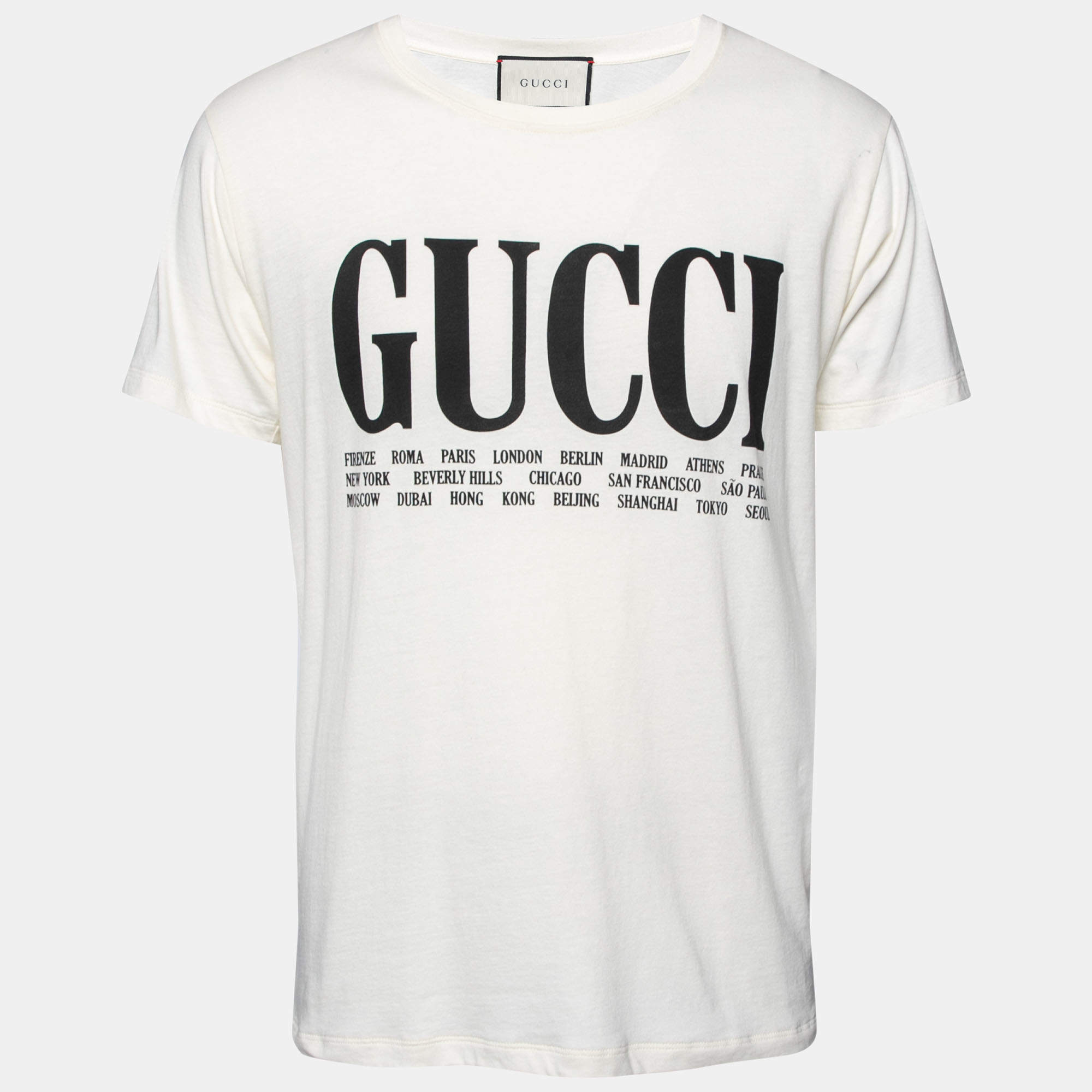 مملوكة مسبقًا Gucci Cream Cotton Logo and Cities Printed Crewneck Short Sleeves T-Shirt S