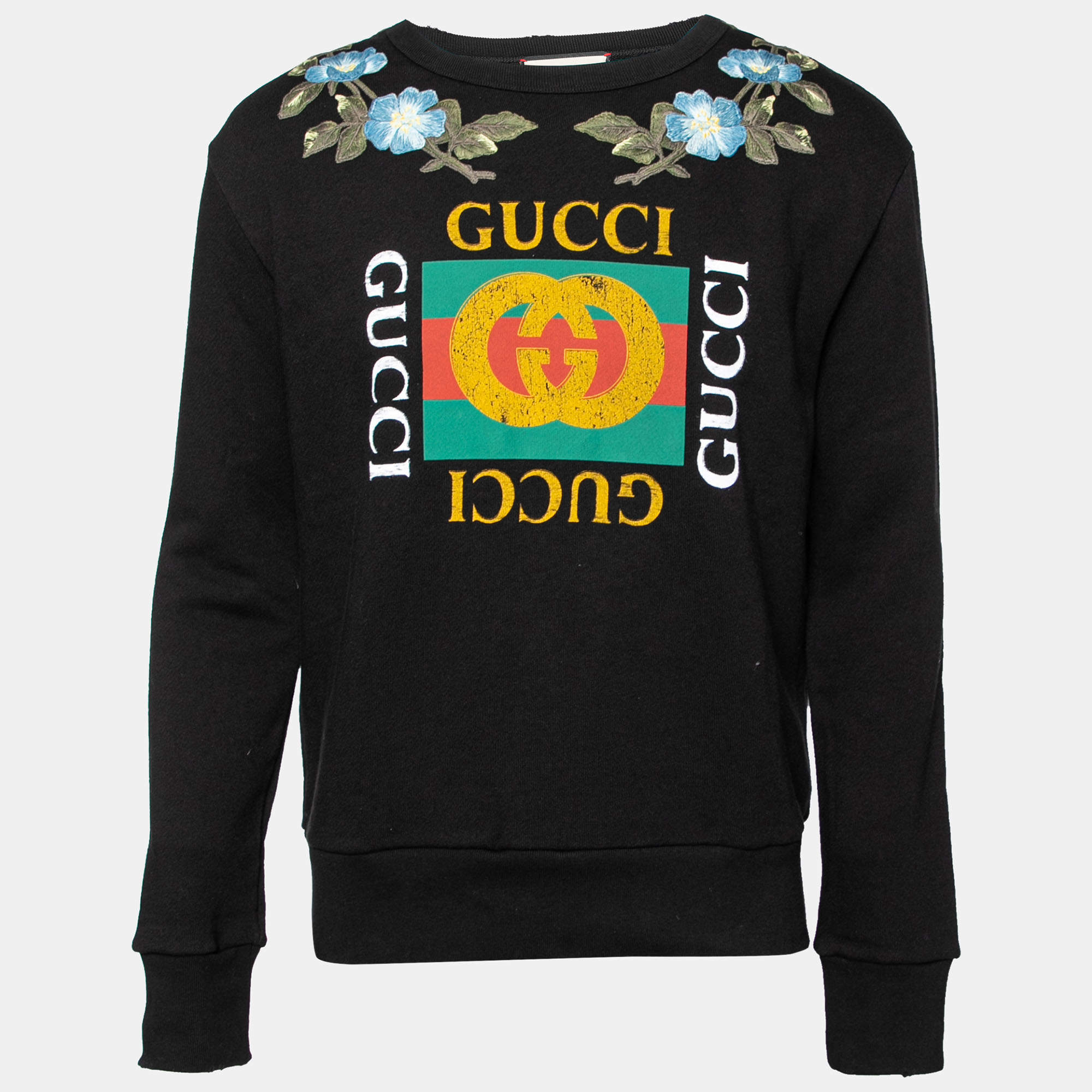 Gucci Black Terry Knit Floral Patch Distressed Sweatshirt S