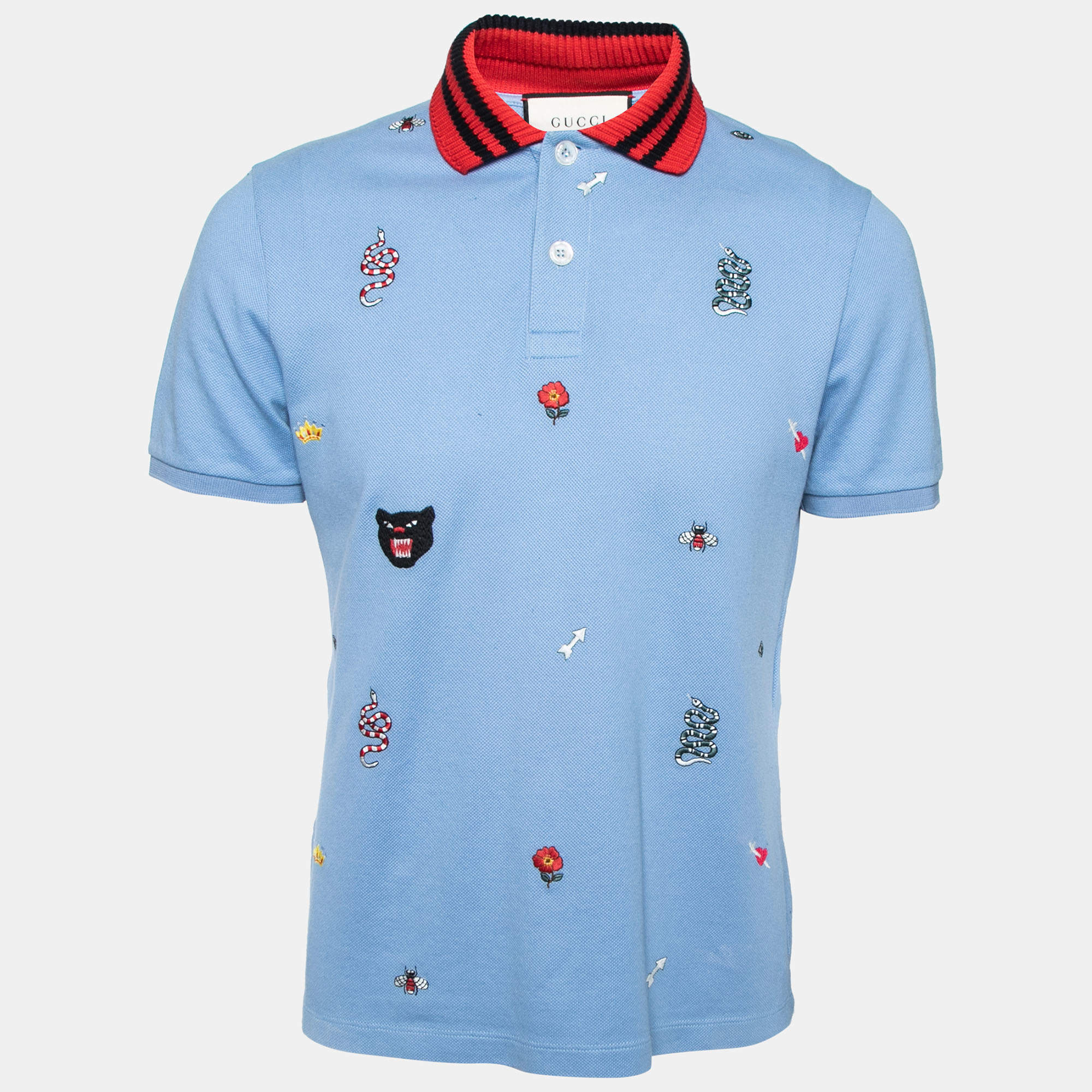 Pre Owned Gucci Blue Cotton Multi Motif Embroidered Polo T-Shirt L
