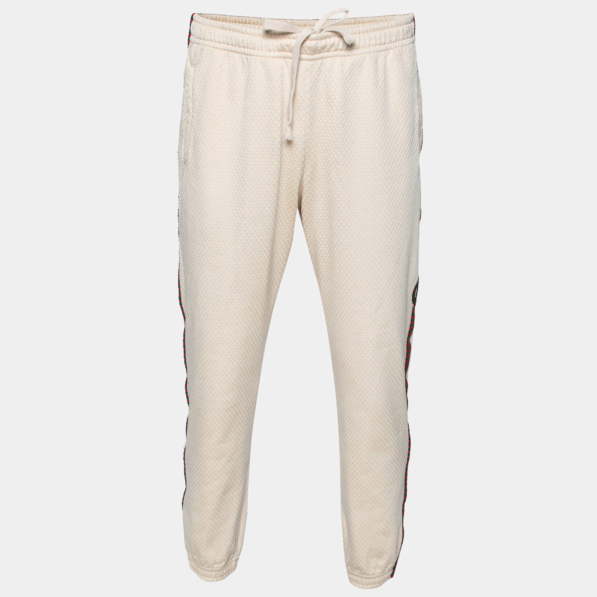 Gucci Cream Knit GG Patch Braided Trim Jogger Pants L