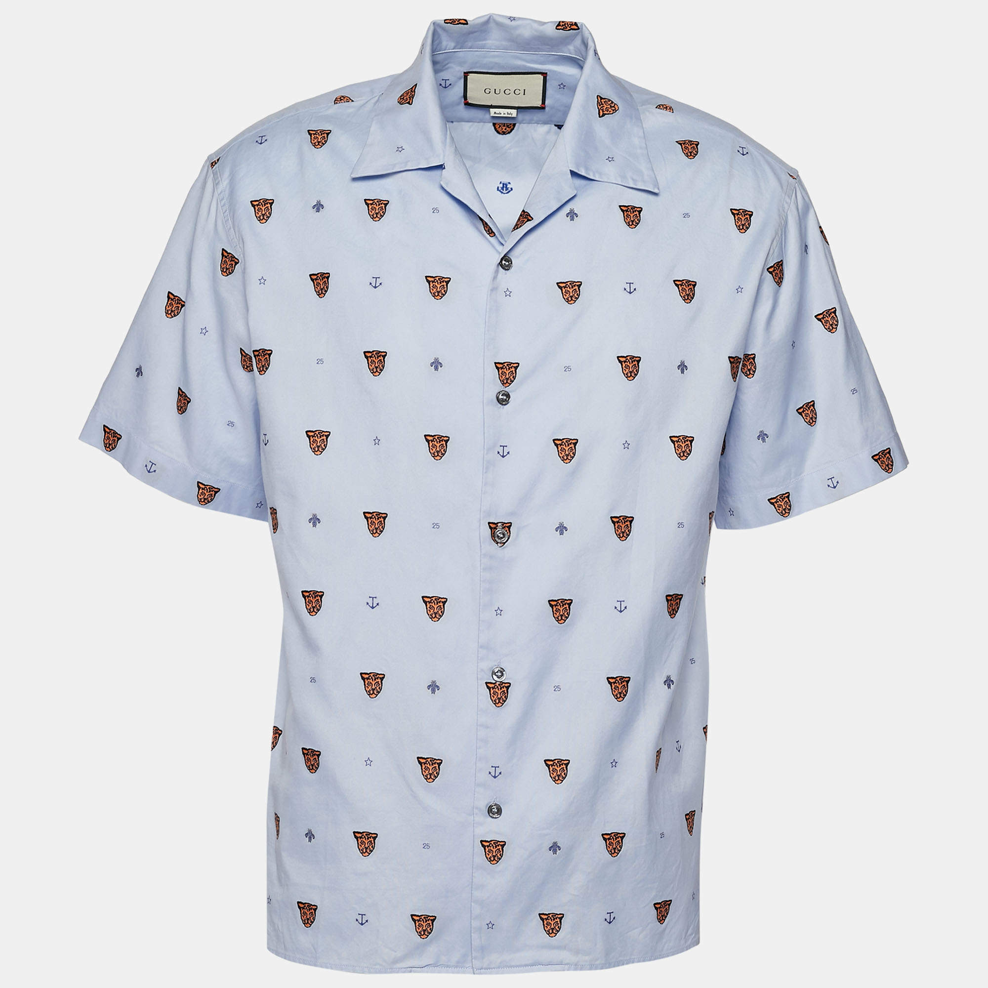 Pre Owned Gucci Pale Blue Cotton Tiger Embroidered Bowling Shirt XL