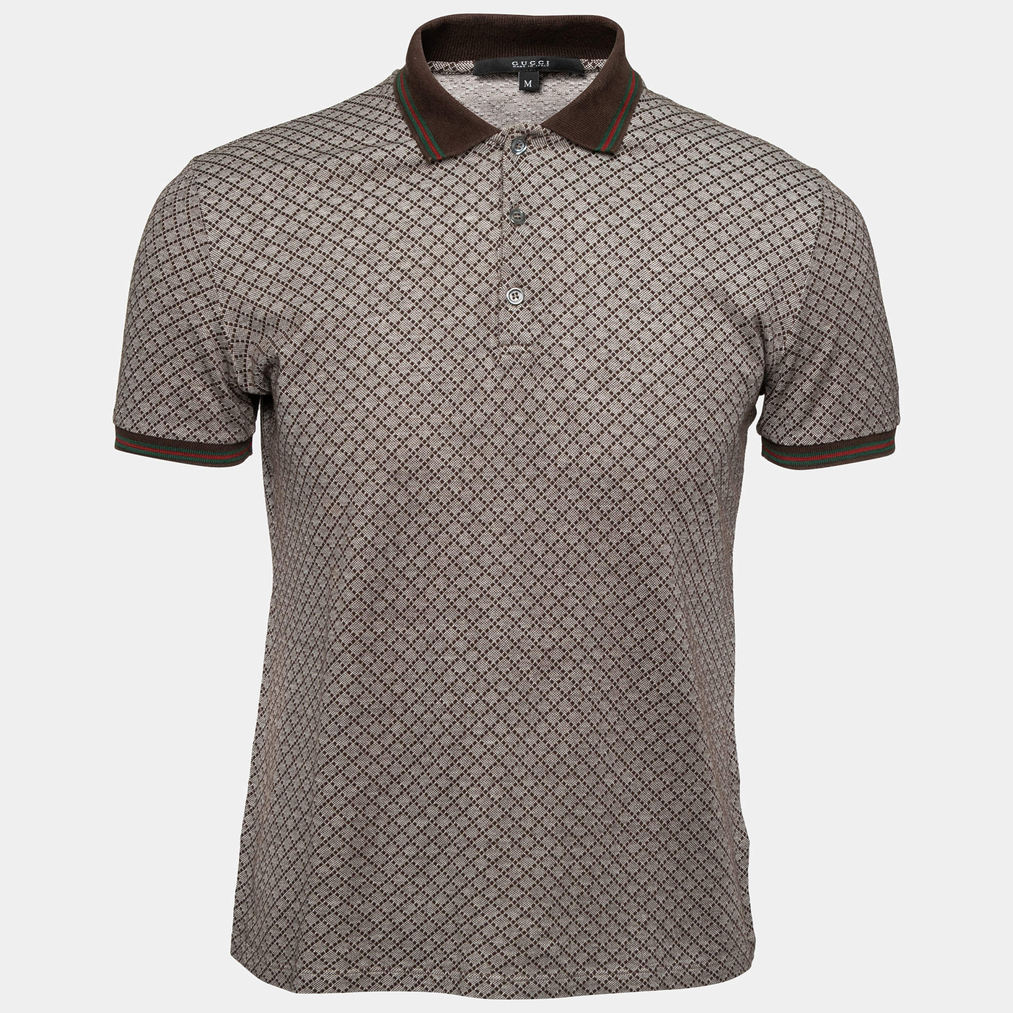Pre Owned Gucci Brown Printed Cotton Pique Short Sleeve Polo T-Shirt M