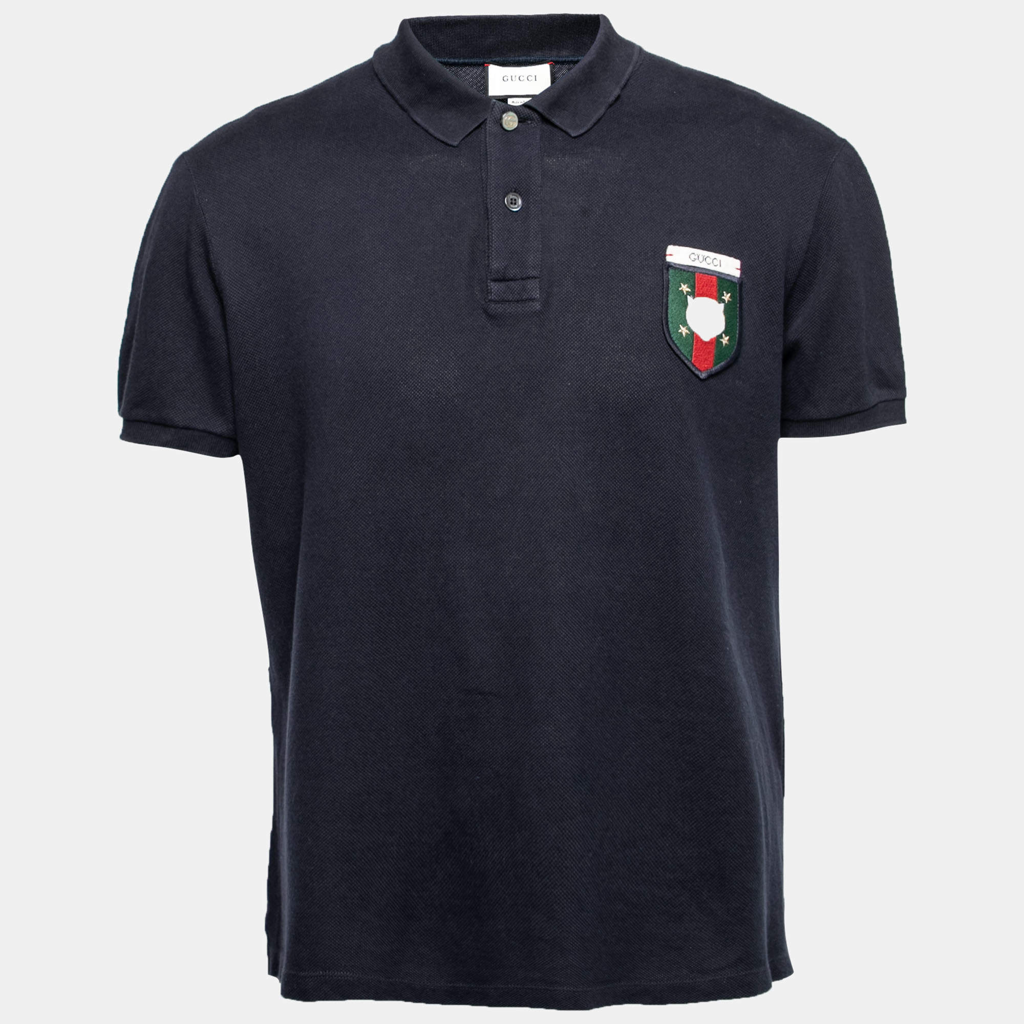 Gucci Navy Blue Cotton Pique Tiger Crest Appliqued Polo T-Shirt XXL
