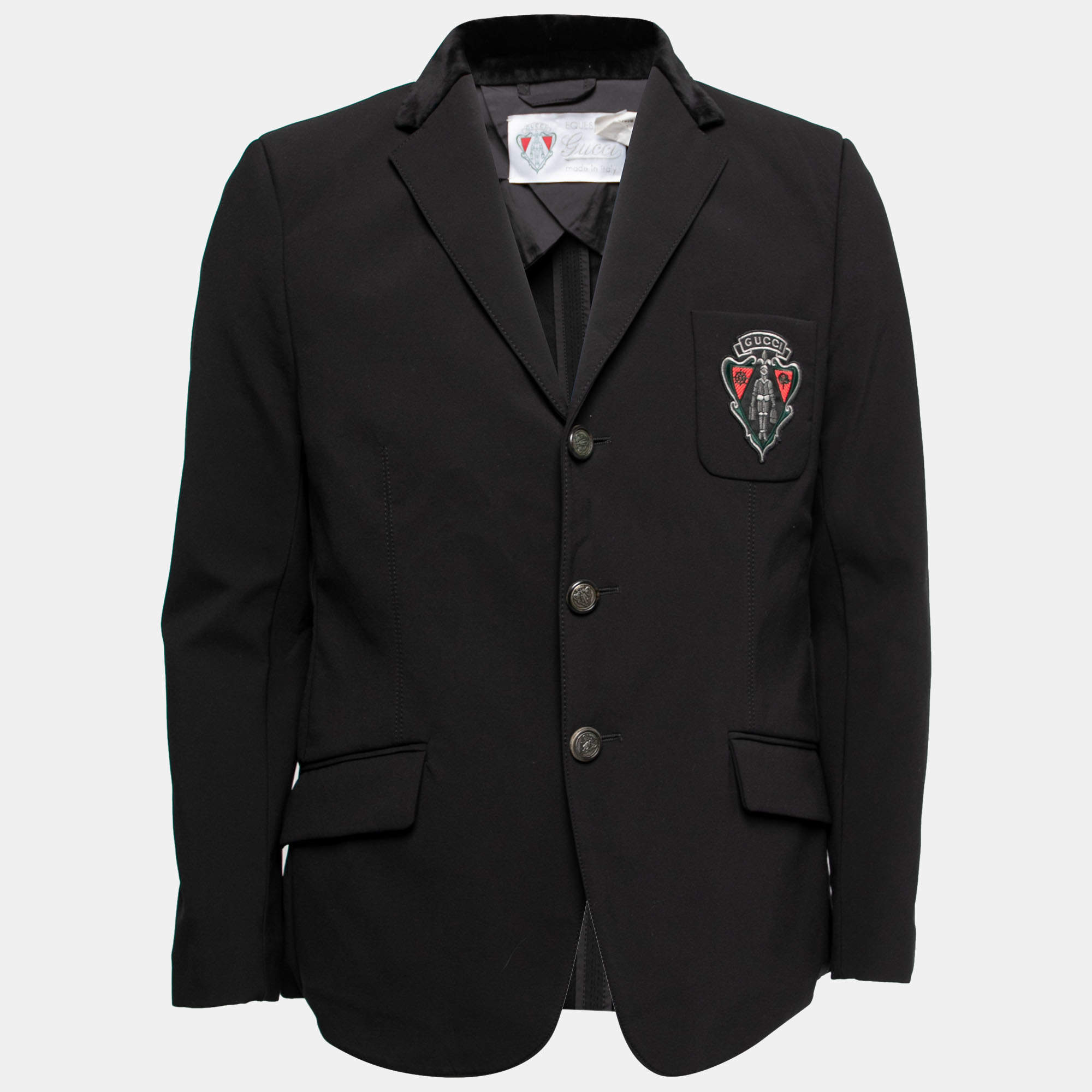Gucci Black Synthetic Velvet Collar Detail Logo Embroidered Technical Blazer L