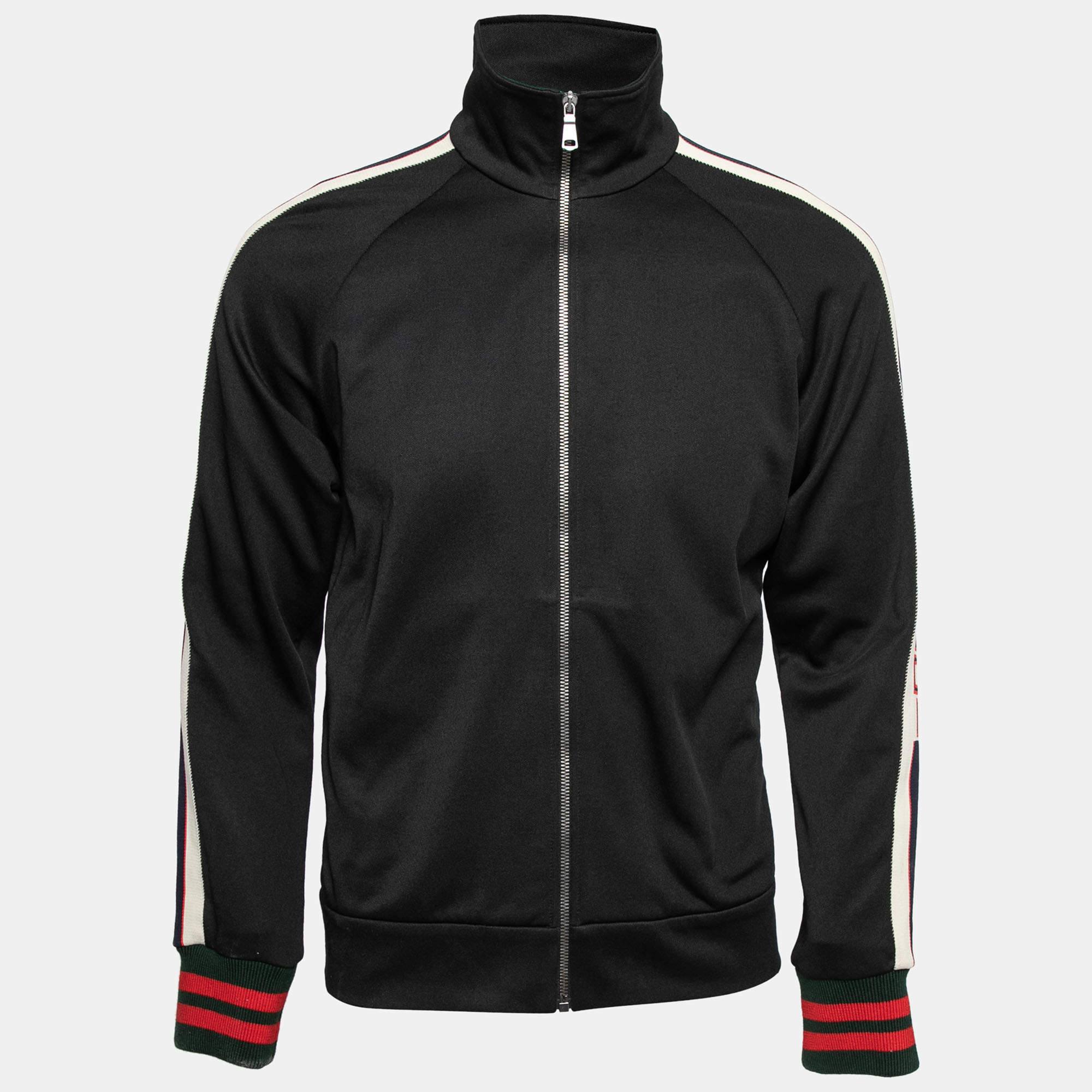 Pre Owned Gucci Black Jersey Web Stripe Trimmed Zip Front Jacket S