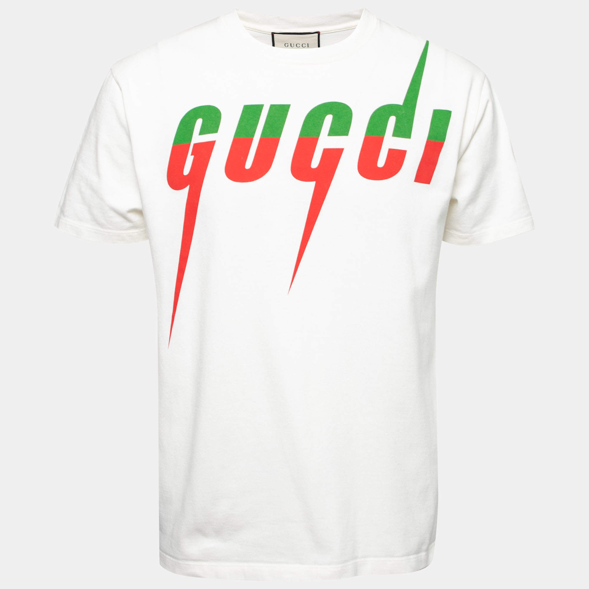 Gucci White Blade Logo Printed Cotton Crew Neck T-shirt S