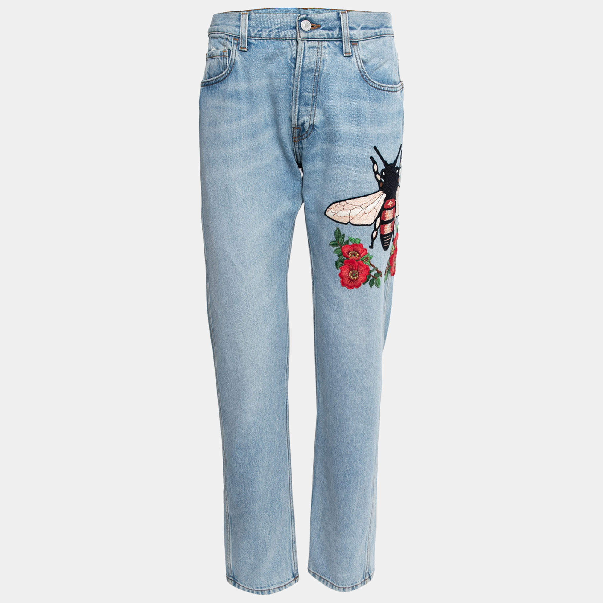 Gucci Blue Floral Embroidered Tapered Jeans M | TLC
