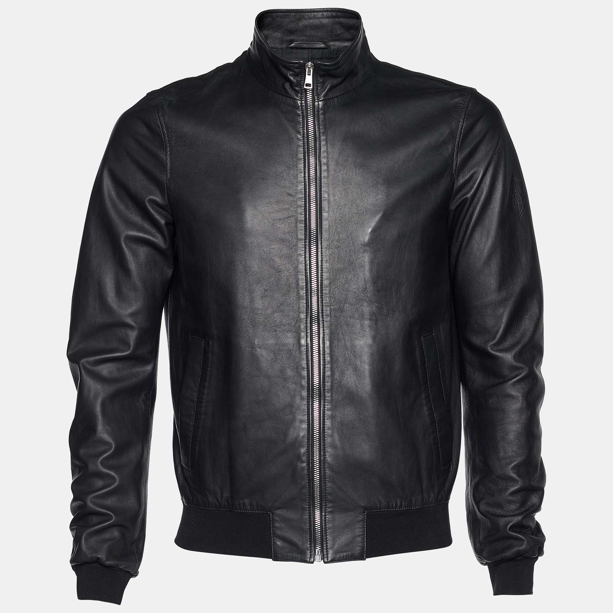Gucci Black Leather Rib Knit Trimmed Zip Front Jacket S