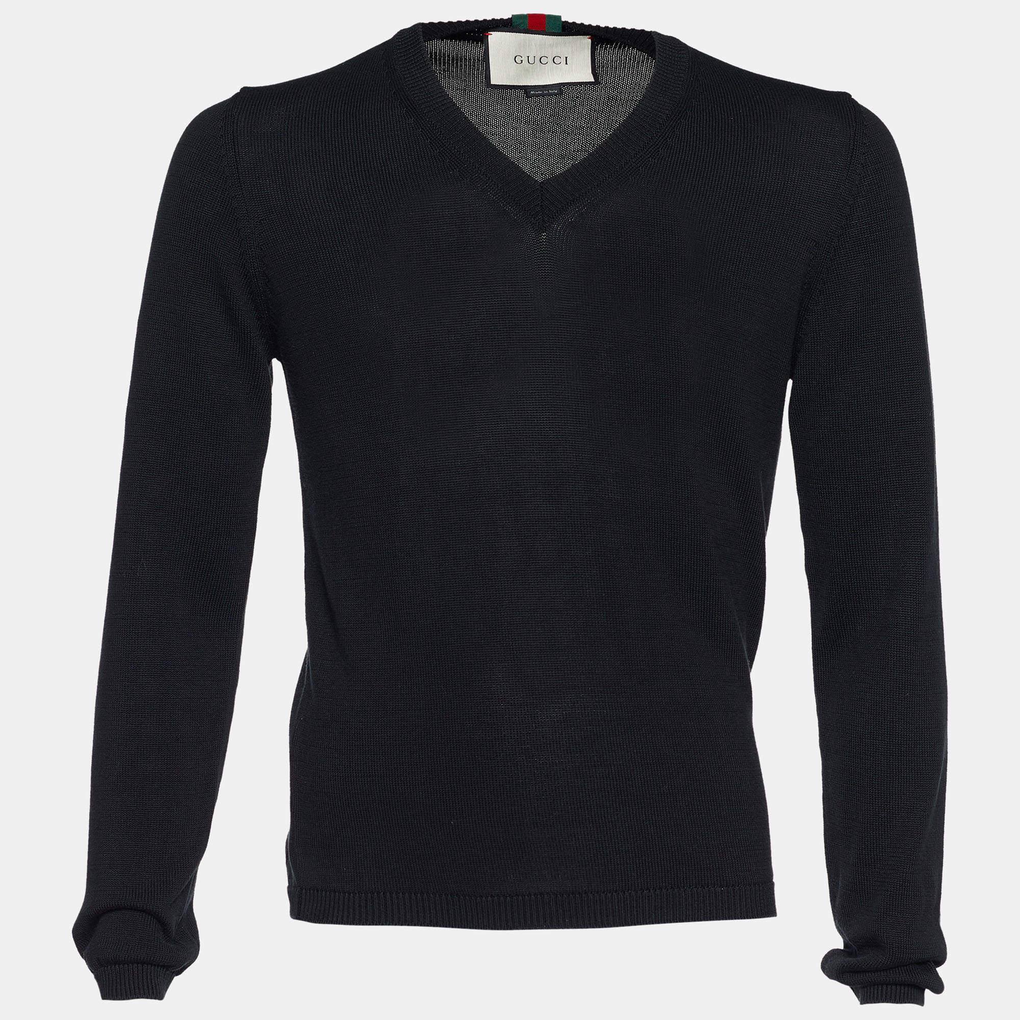 Gucci Black Rib Knit Cotton Web Trim V-Neck Pullover M