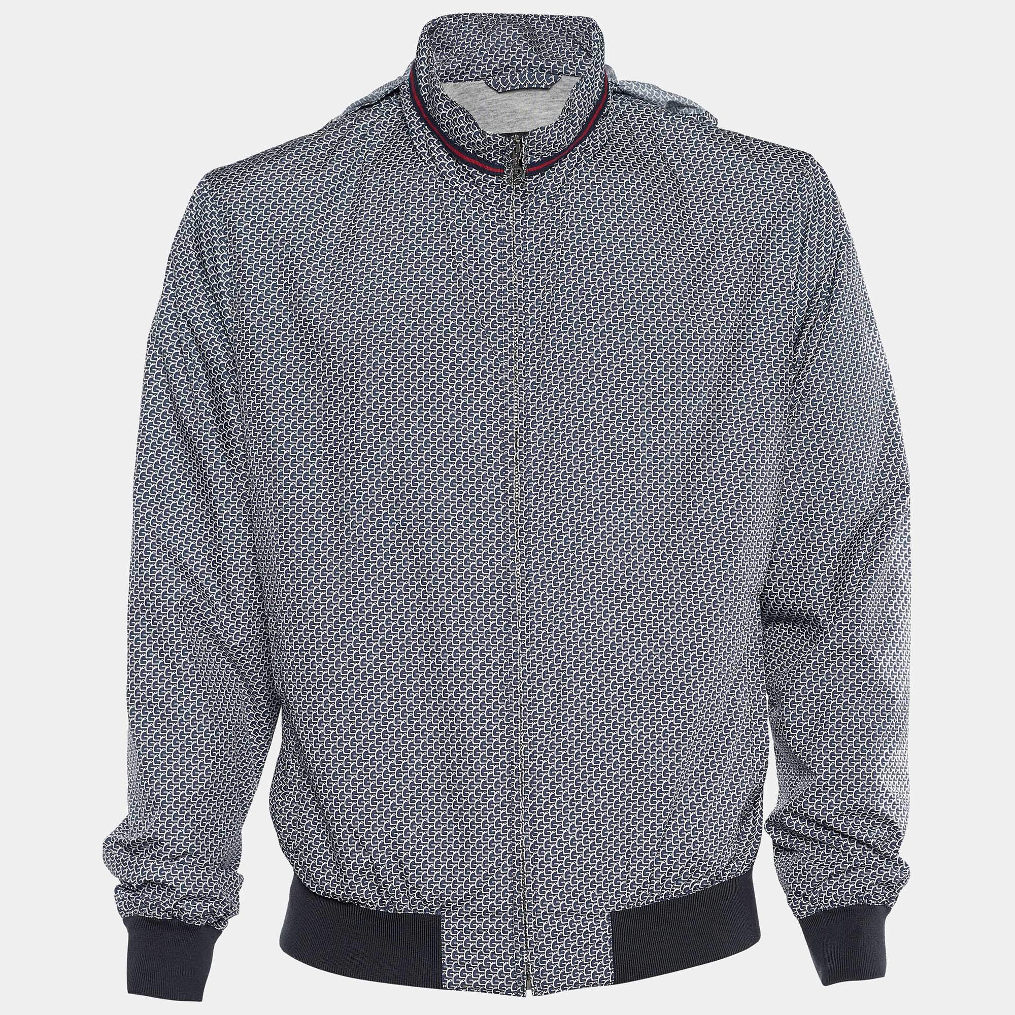 Gucci Blue Synthetic Logo Print Hooded Bomber Jacket L
