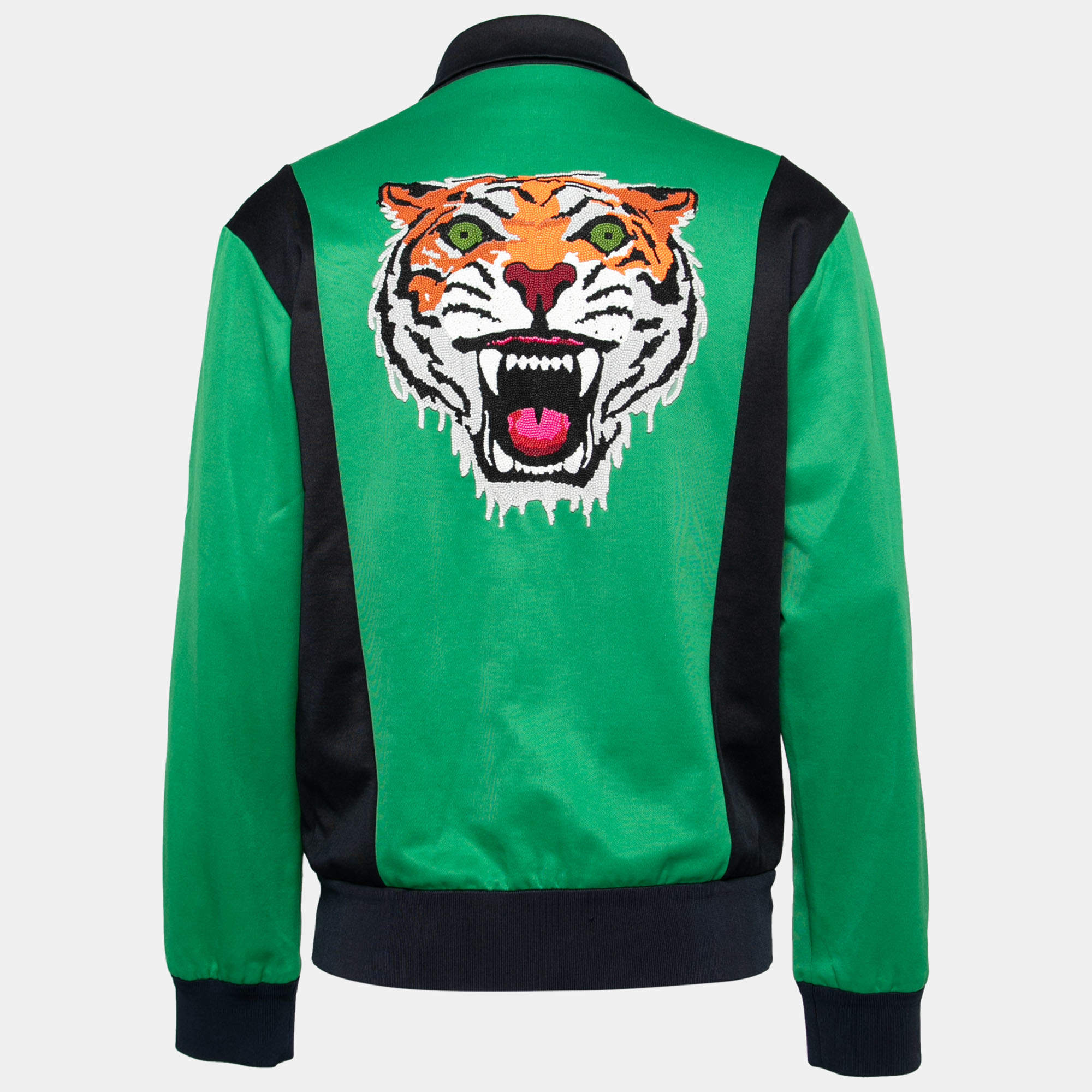 Gucci Green Technical Jersey Tiger Patch Appliqued Zip Front