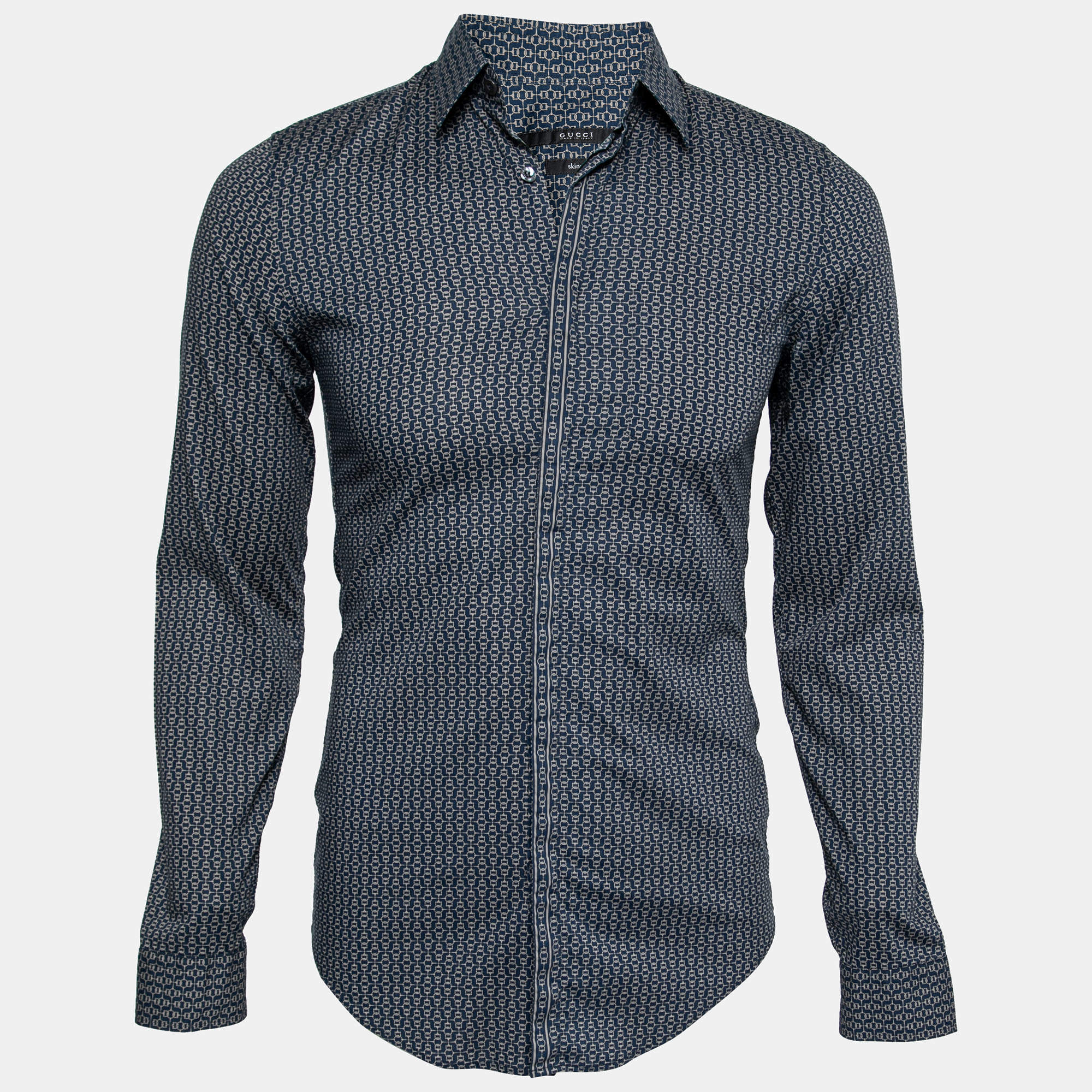 مملوكة مسبقًا Gucci Navy Blue Printed Cotton Skinny Fit Button Front Shirt S