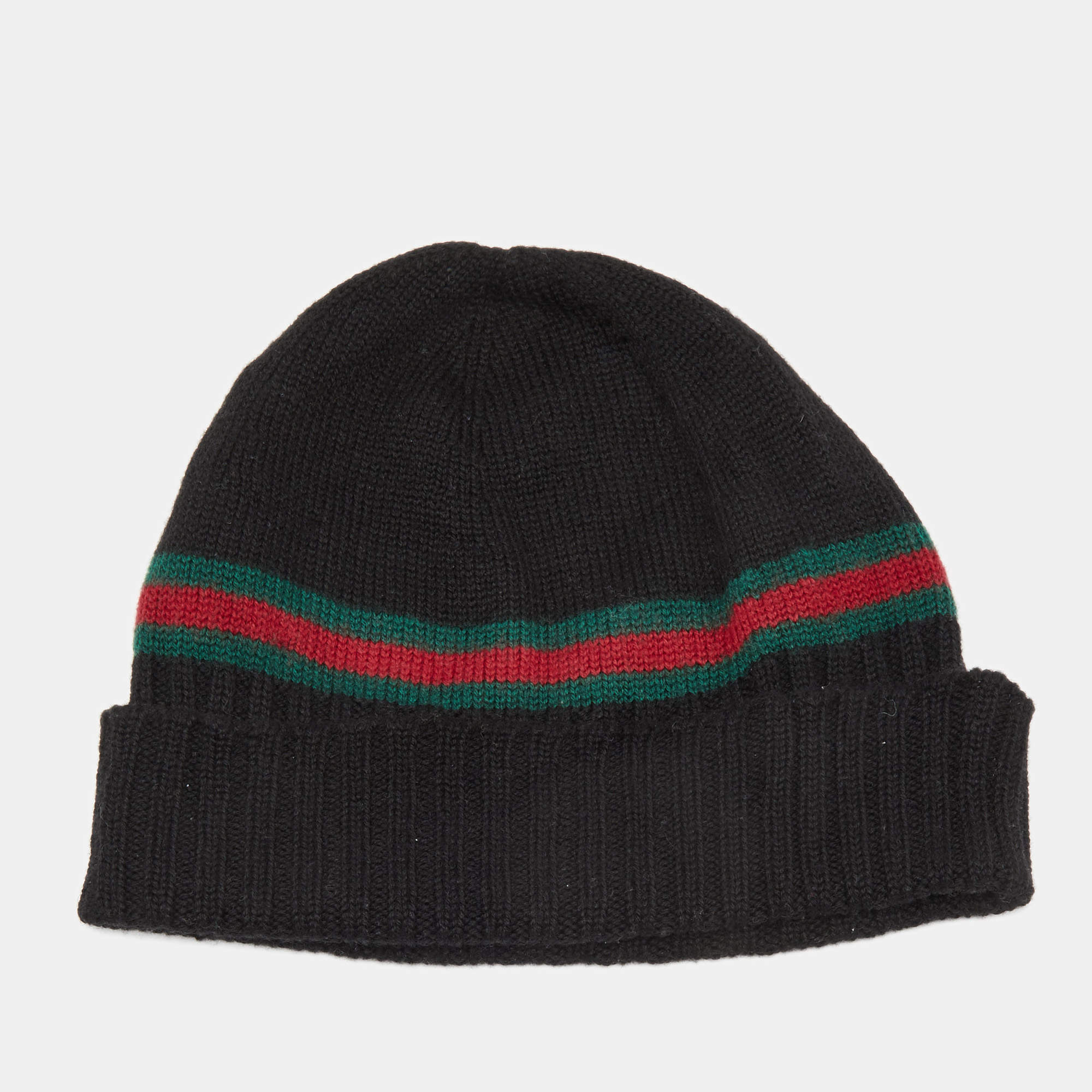 Gucci Black Rib Knit Wool Web Stripe Beanie L