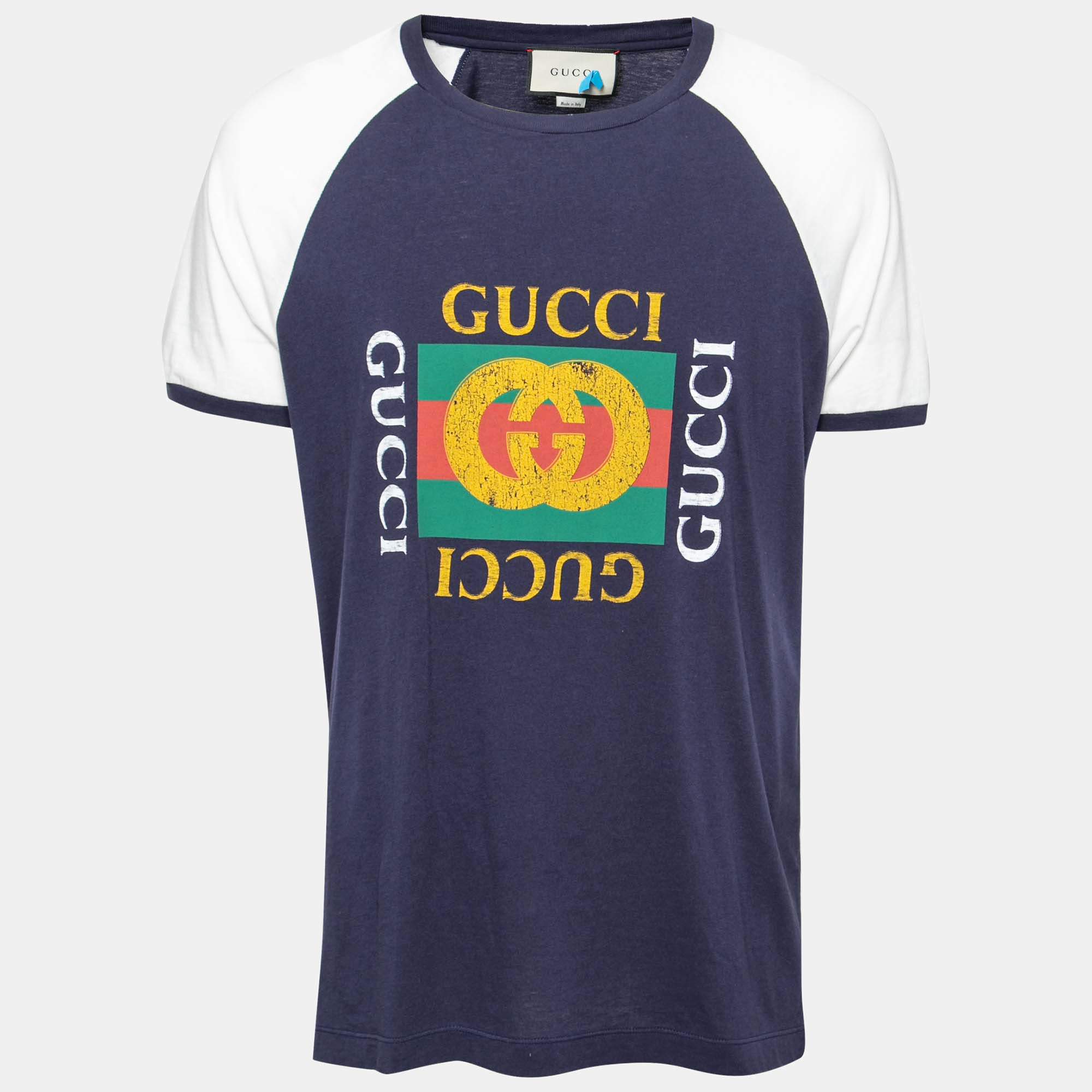 Gucci Blue Logo Printed Crew Neck T-Shirt L