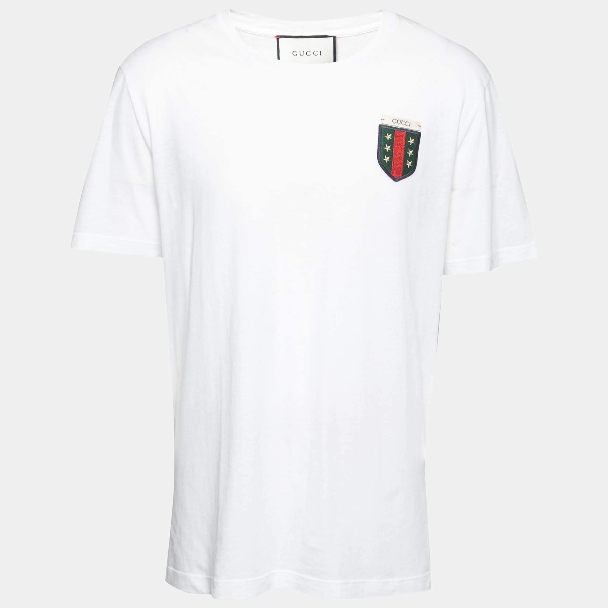 Pre Owned Gucci White Cotton Embroidered Crew Neck T-Shirts XL